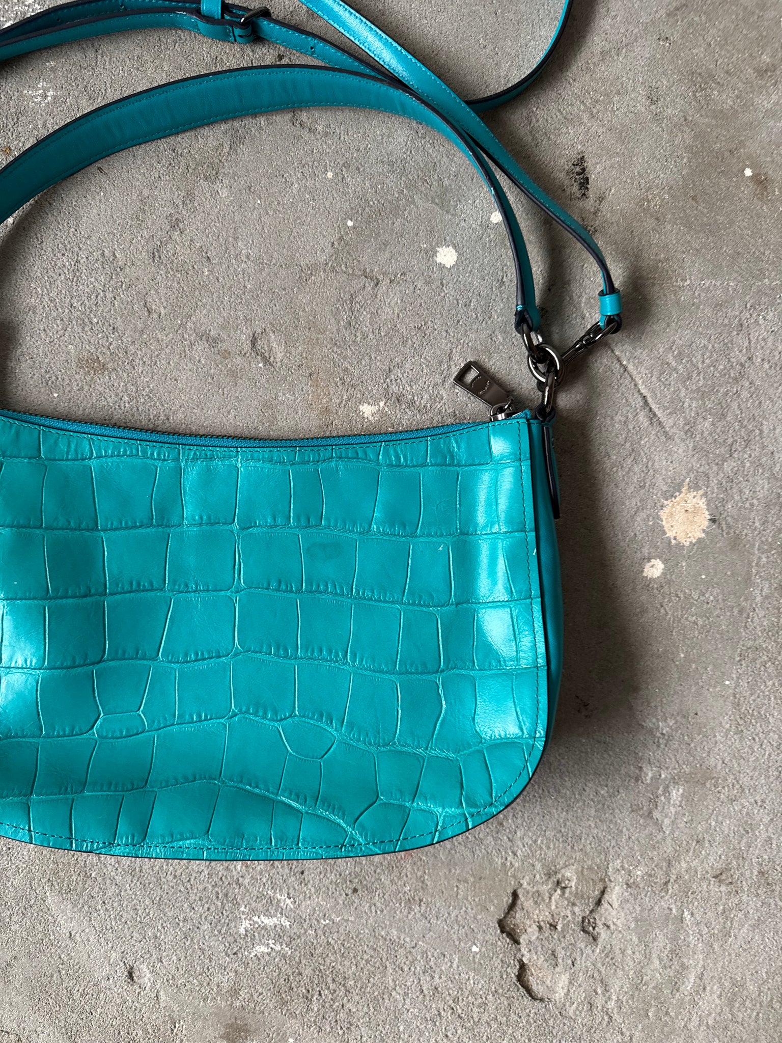 Coach 2Way Chelsea Croc Embossed Leather Shoulder Bag Aqua