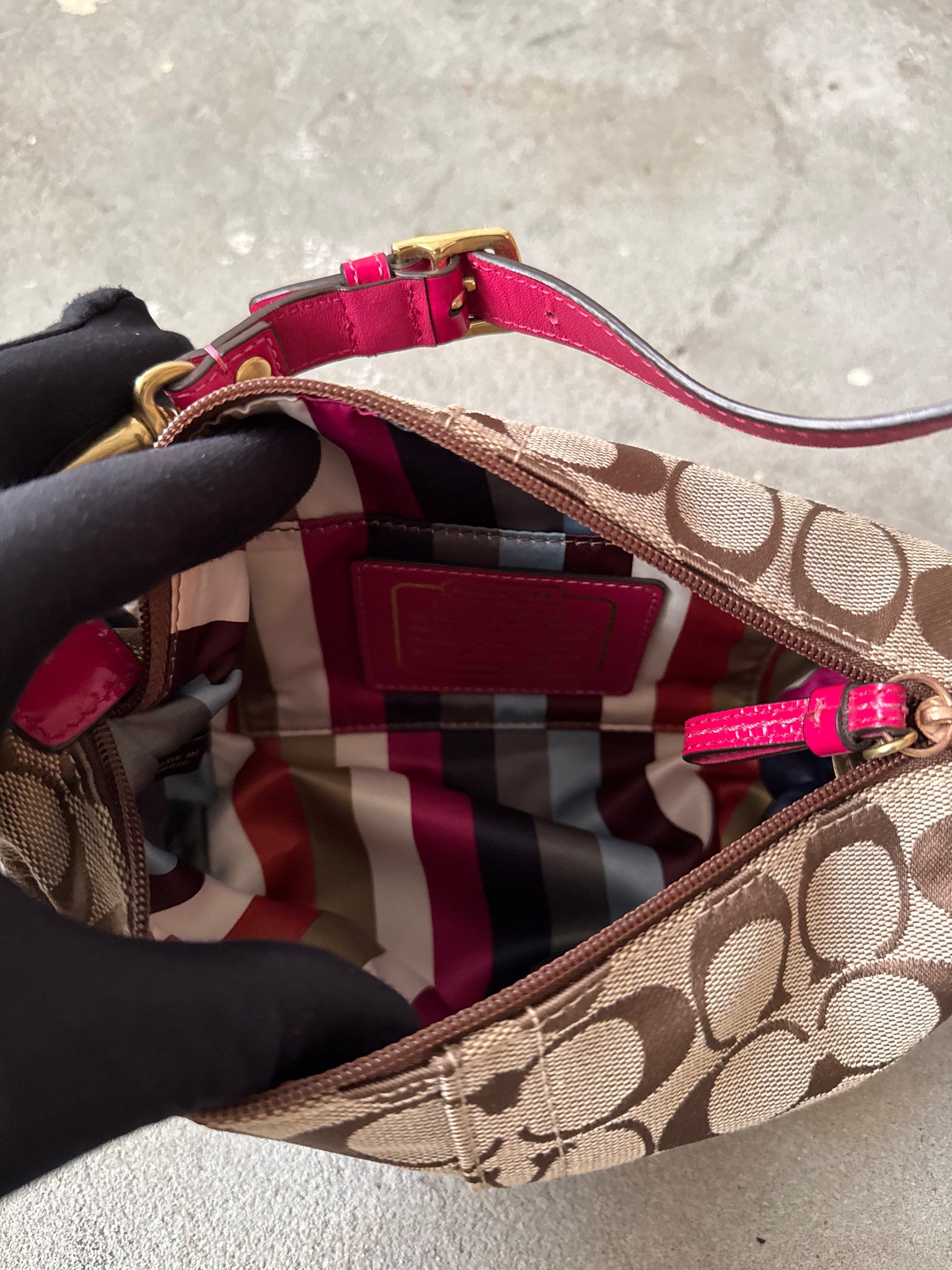 Coach Signature Stripe Mini Hobo ShoulderBag Beige/Pink