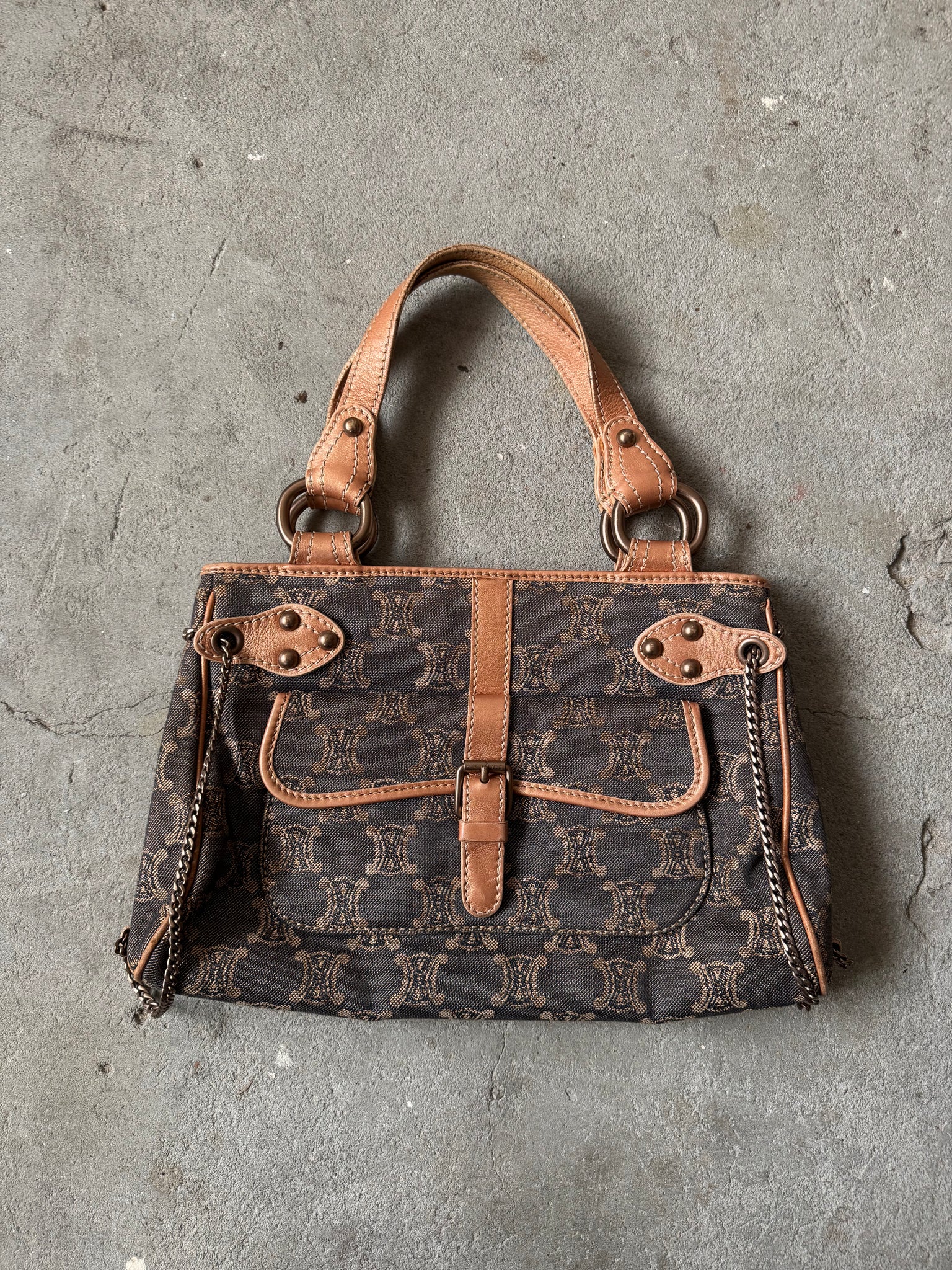 Celine Macadam Denim Chain Shoulder Bag Navy/Beige