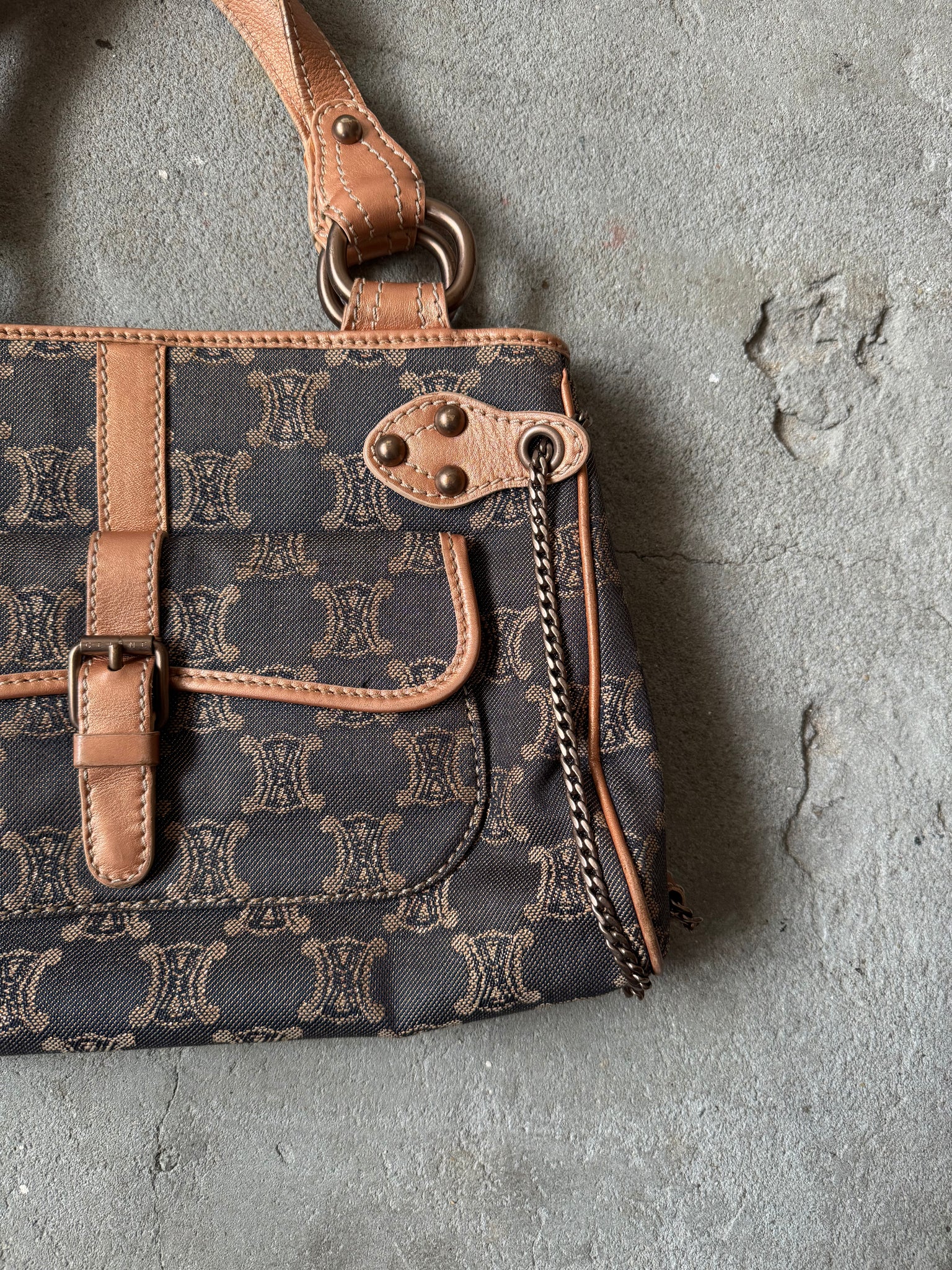 Celine Macadam Denim Chain Shoulder Bag Navy/Beige