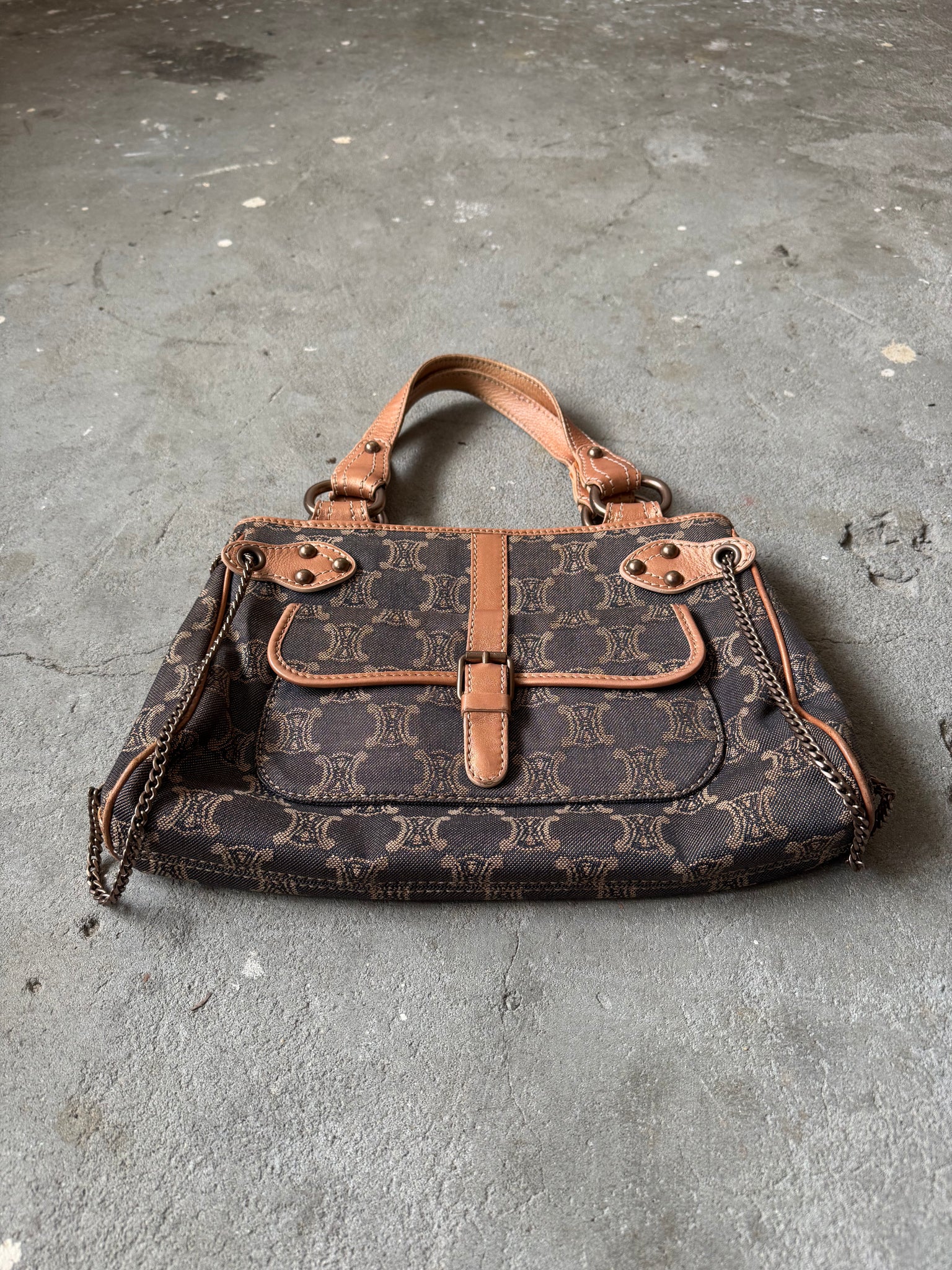 Celine Macadam Denim Chain Shoulder Bag Navy/Beige