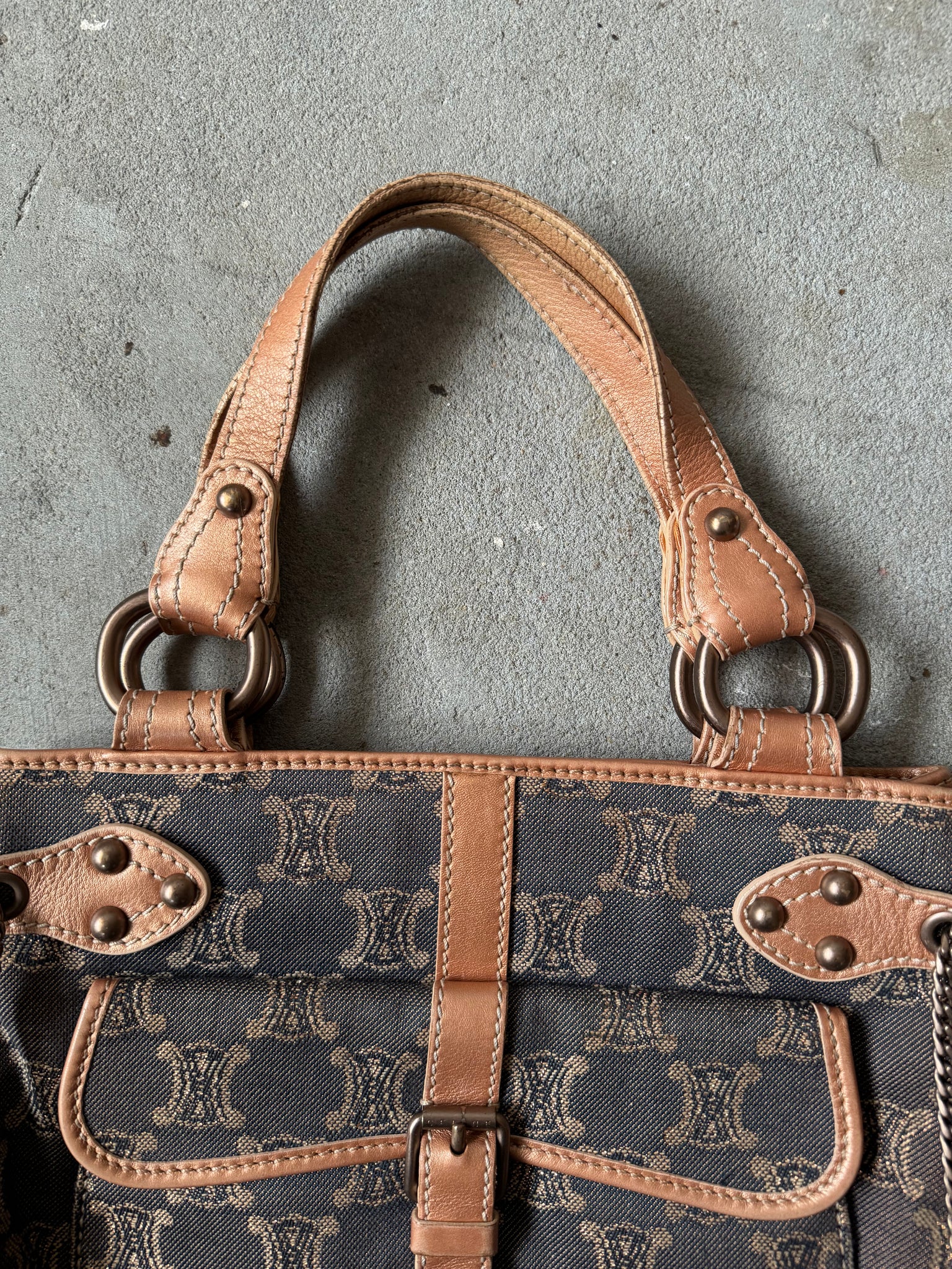 Celine Macadam Denim Chain Shoulder Bag Navy/Beige