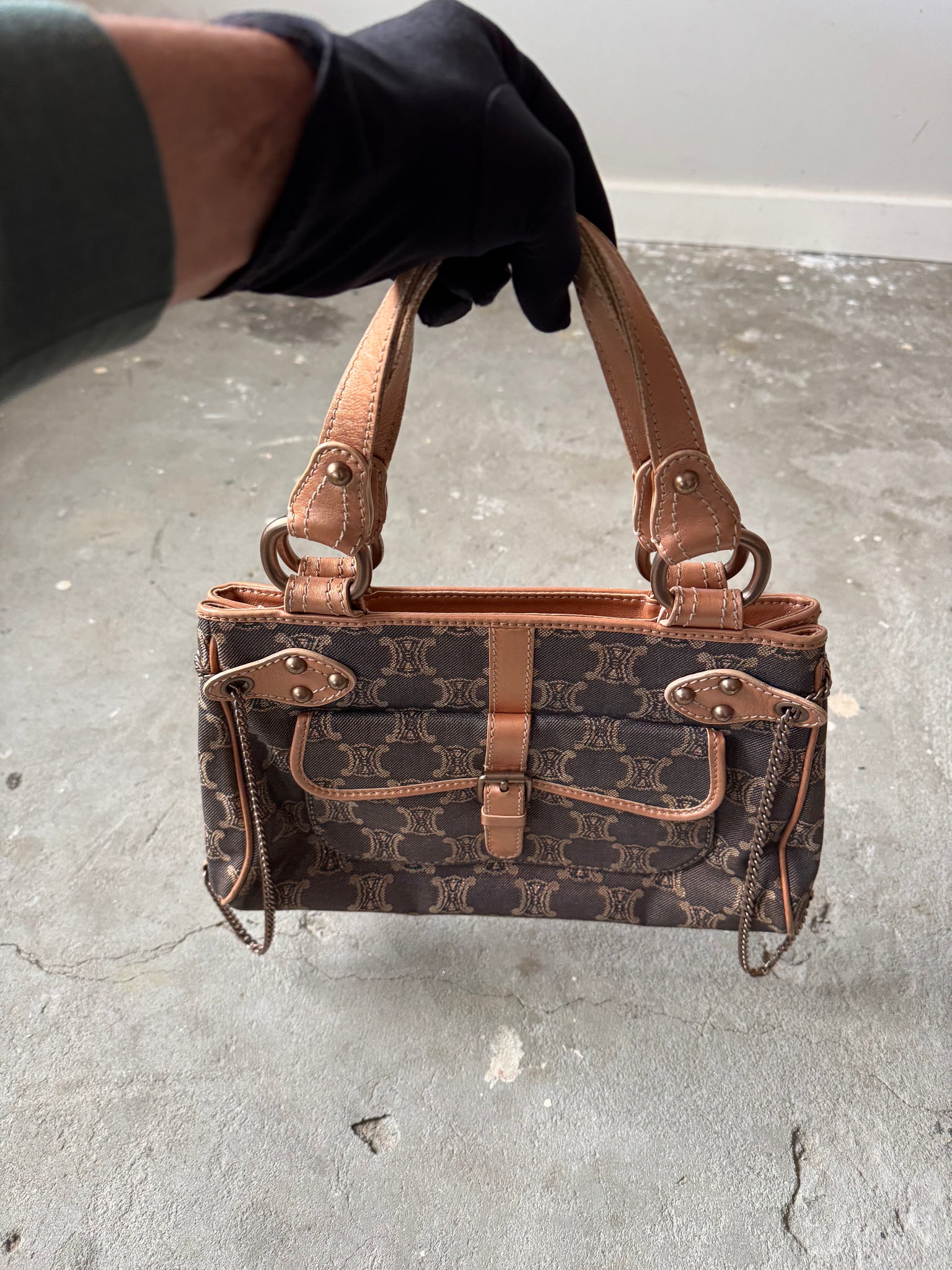 Celine Macadam Denim Chain Shoulder Bag Navy/Beige