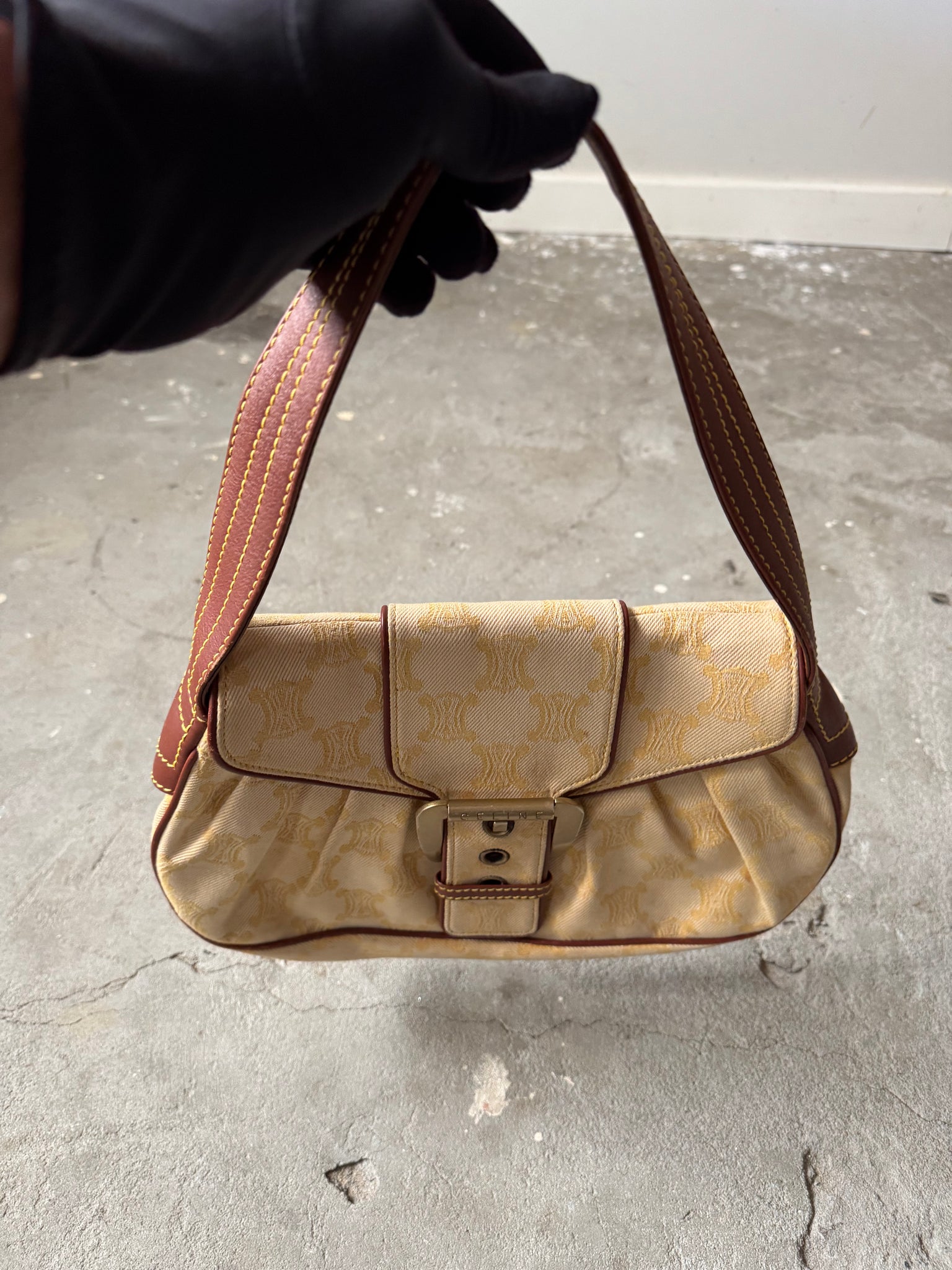 Celine Triomphe Macadam One Shoulder Bag Beige/Brown