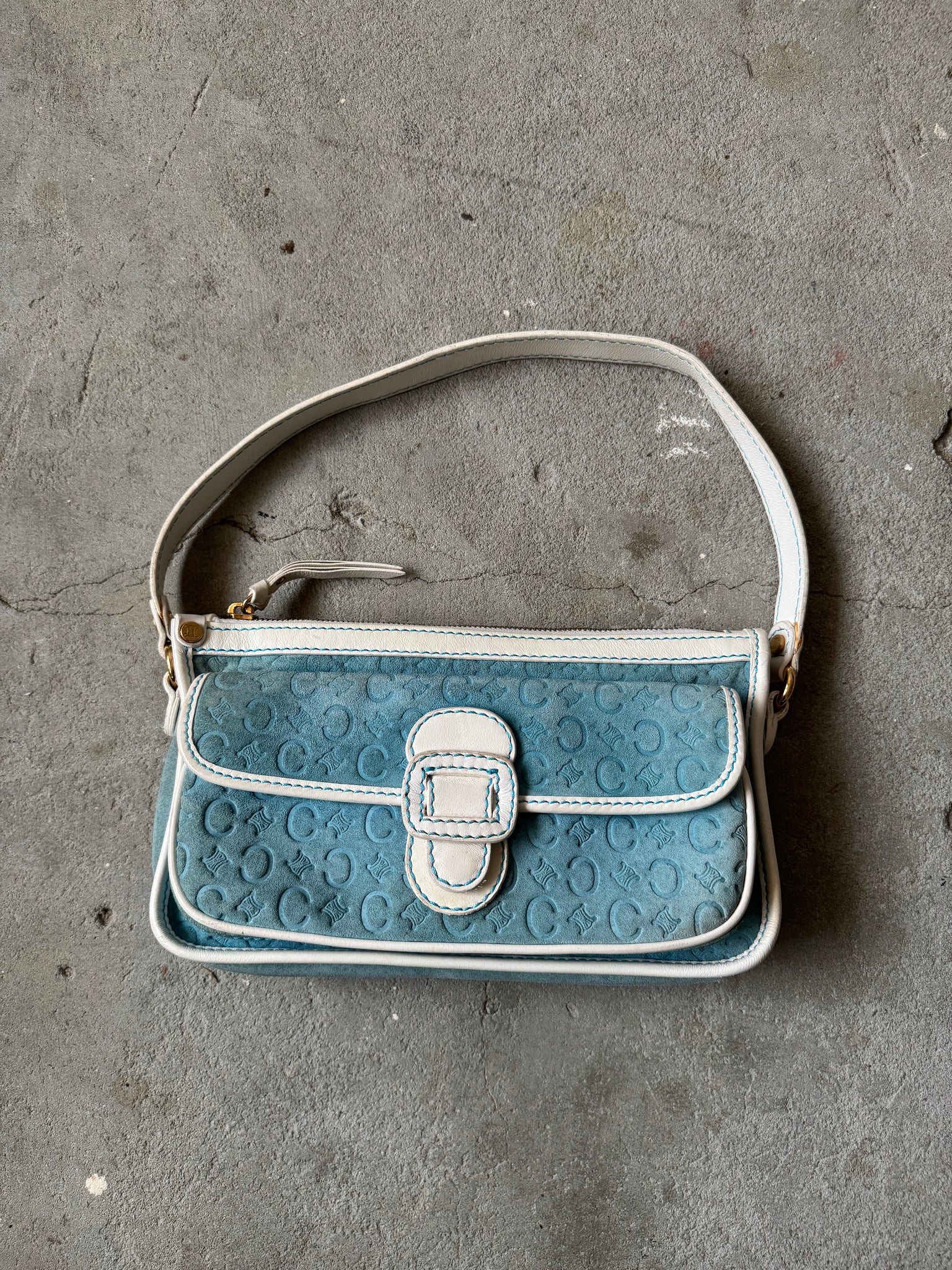 Celine Triomphe Macadam Suede Shoulder Bag Blue