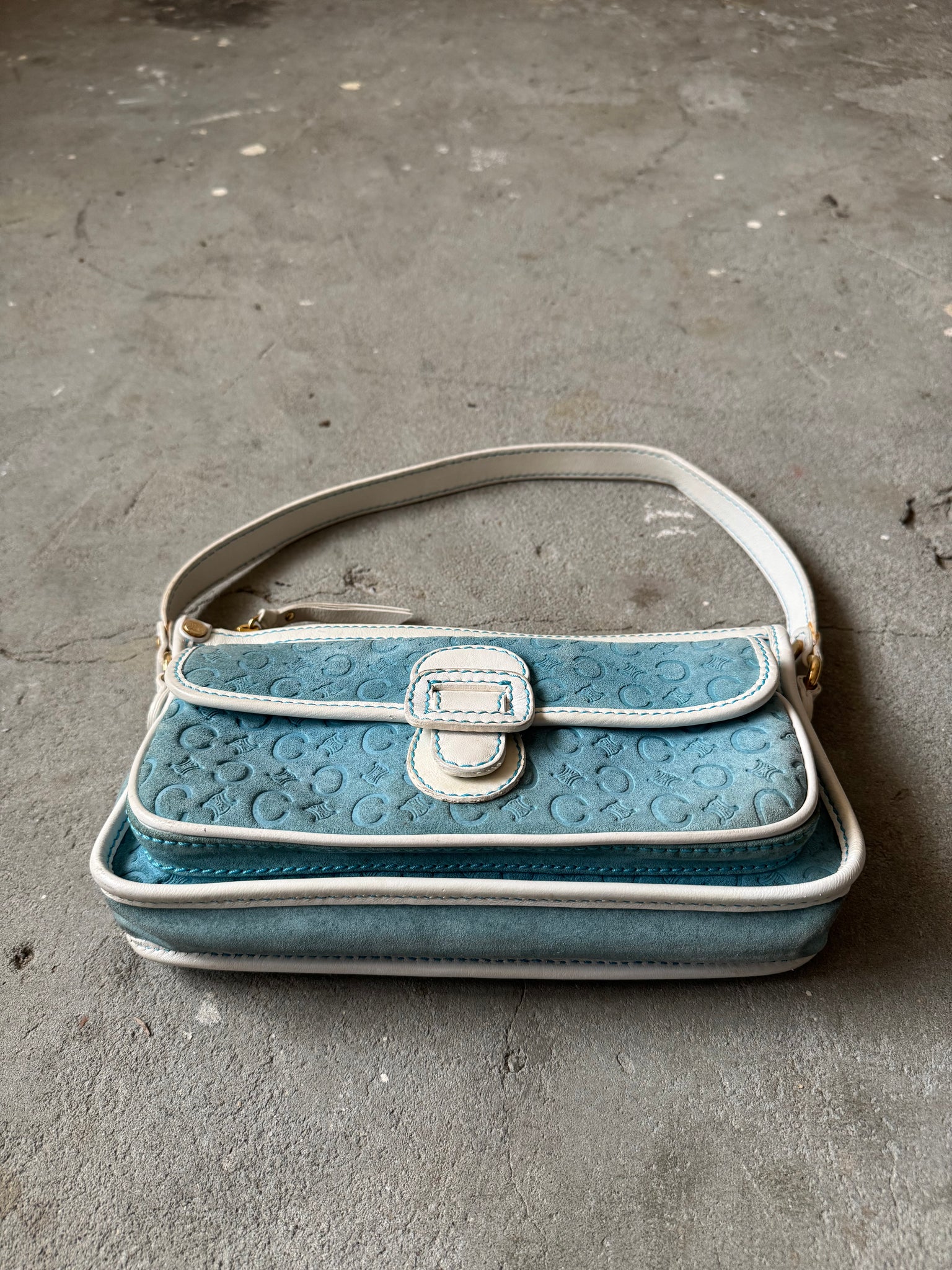 Celine Triomphe Macadam Suede Shoulder Bag Blue