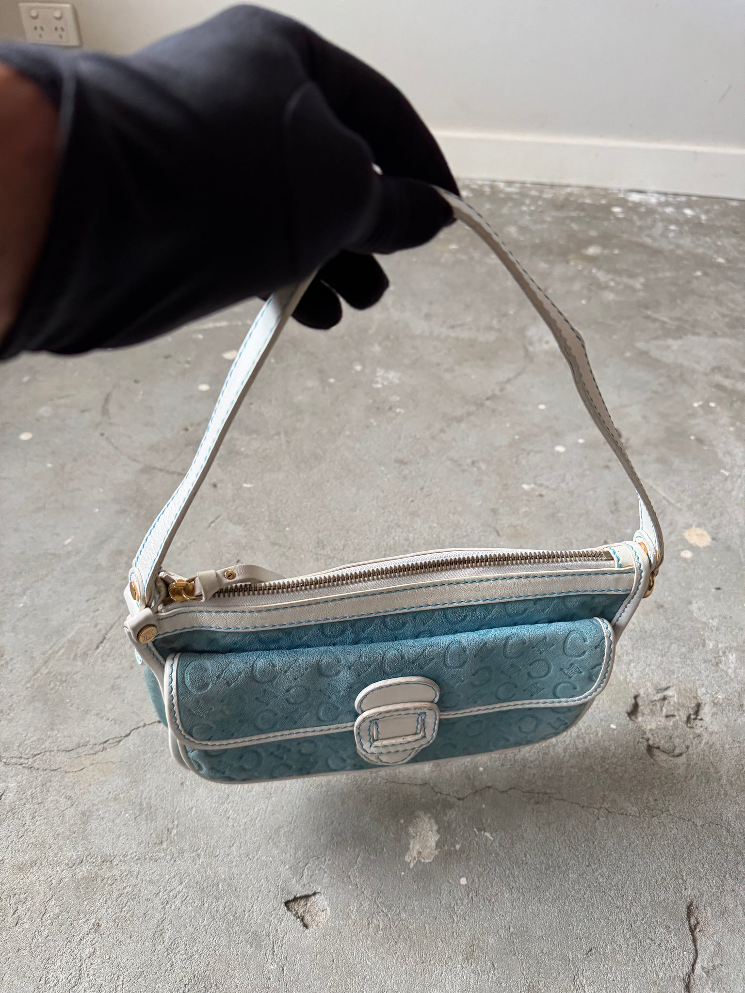 Celine Triomphe Macadam Suede Shoulder Bag Blue