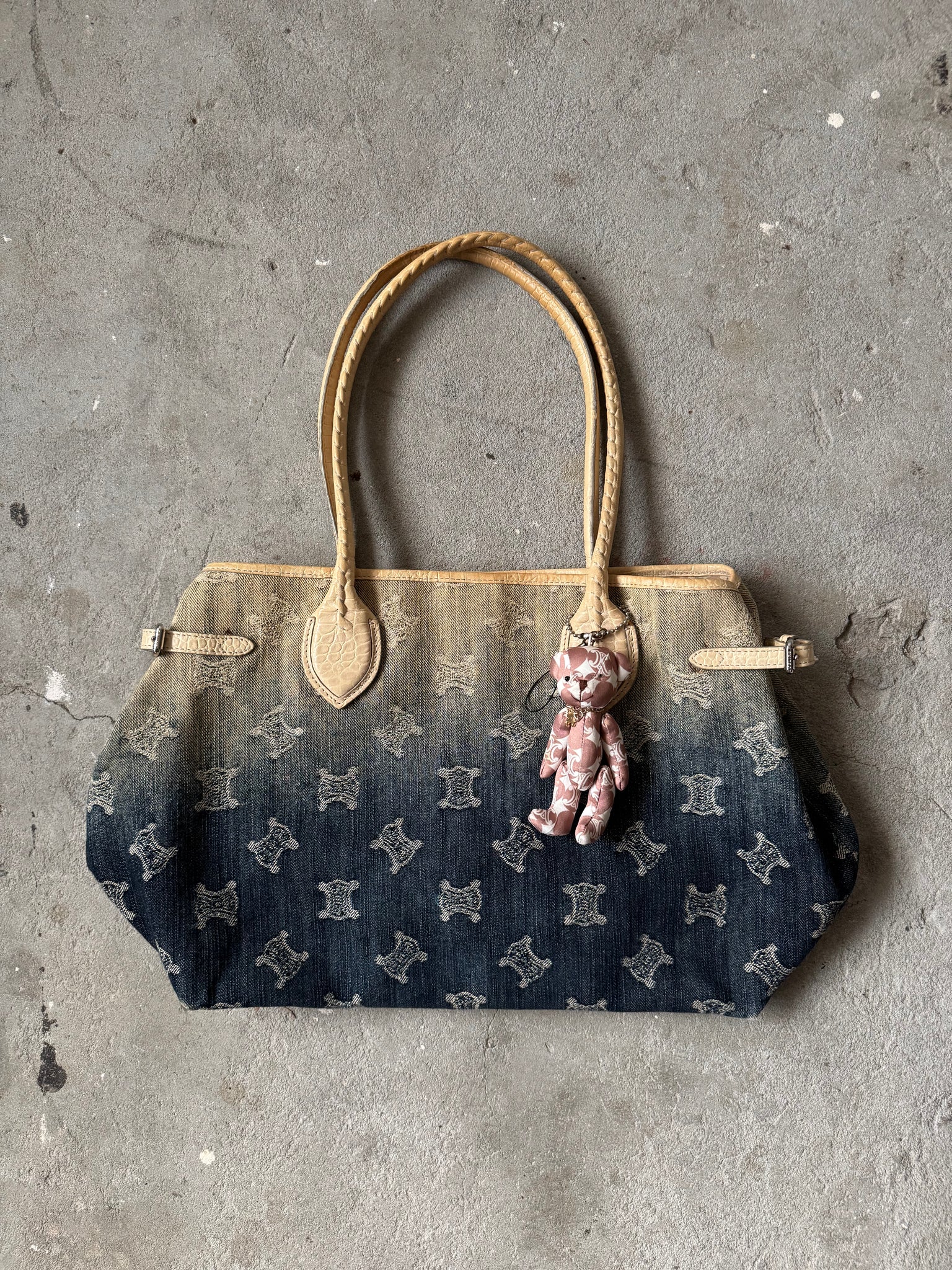 Celine Macadam Gradient Denim Shoulder Bag W Teddy Bear