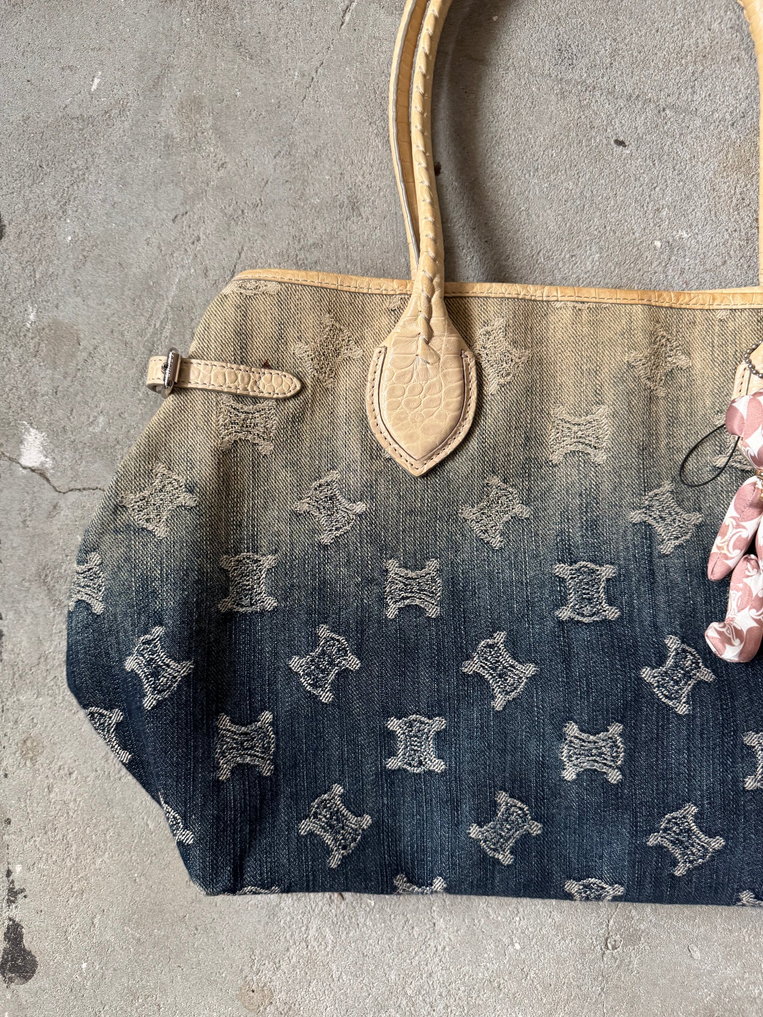 Celine Macadam Gradient Denim Shoulder Bag W Teddy Bear