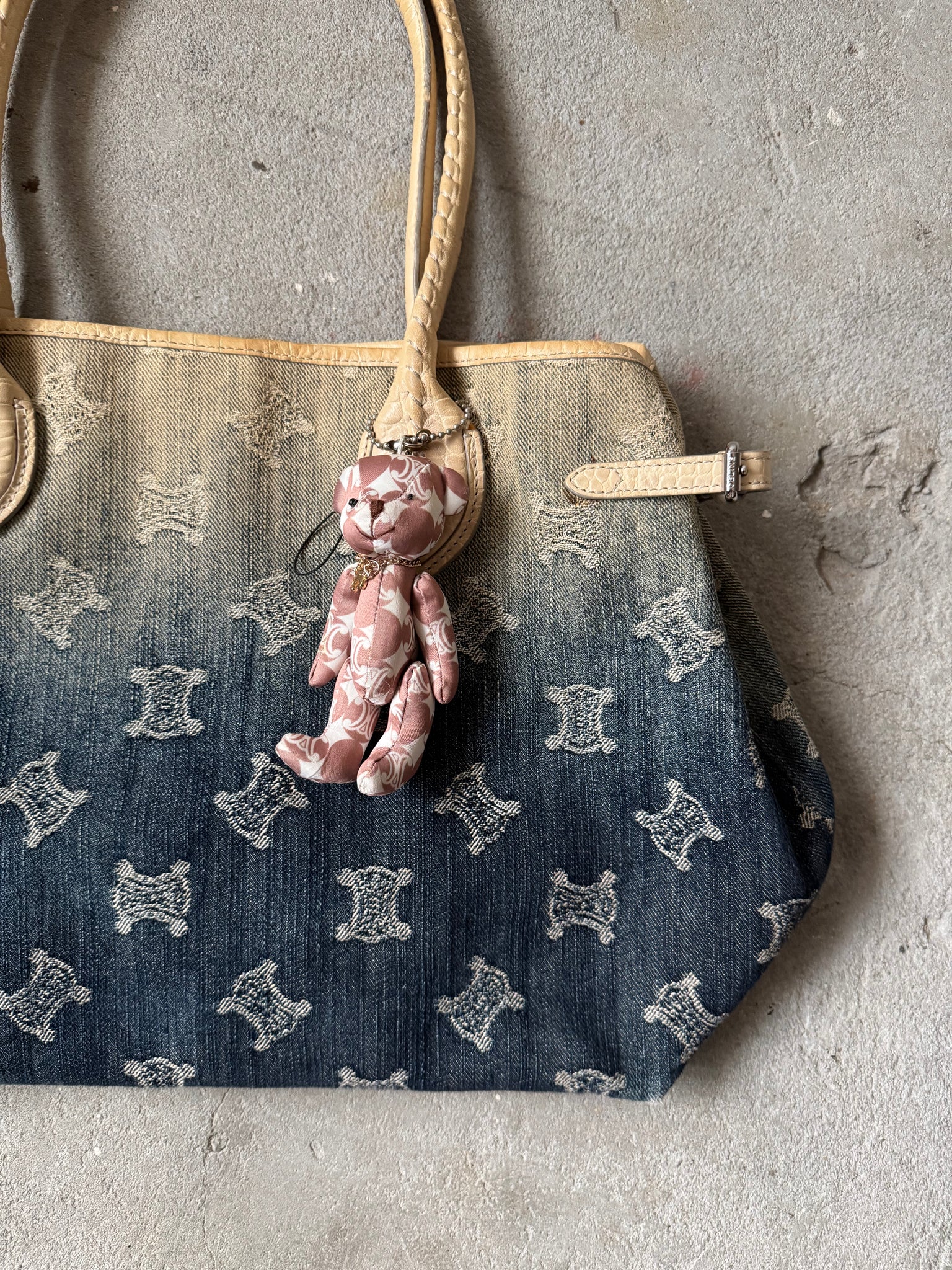 Celine Macadam Gradient Denim Shoulder Bag W Teddy Bear