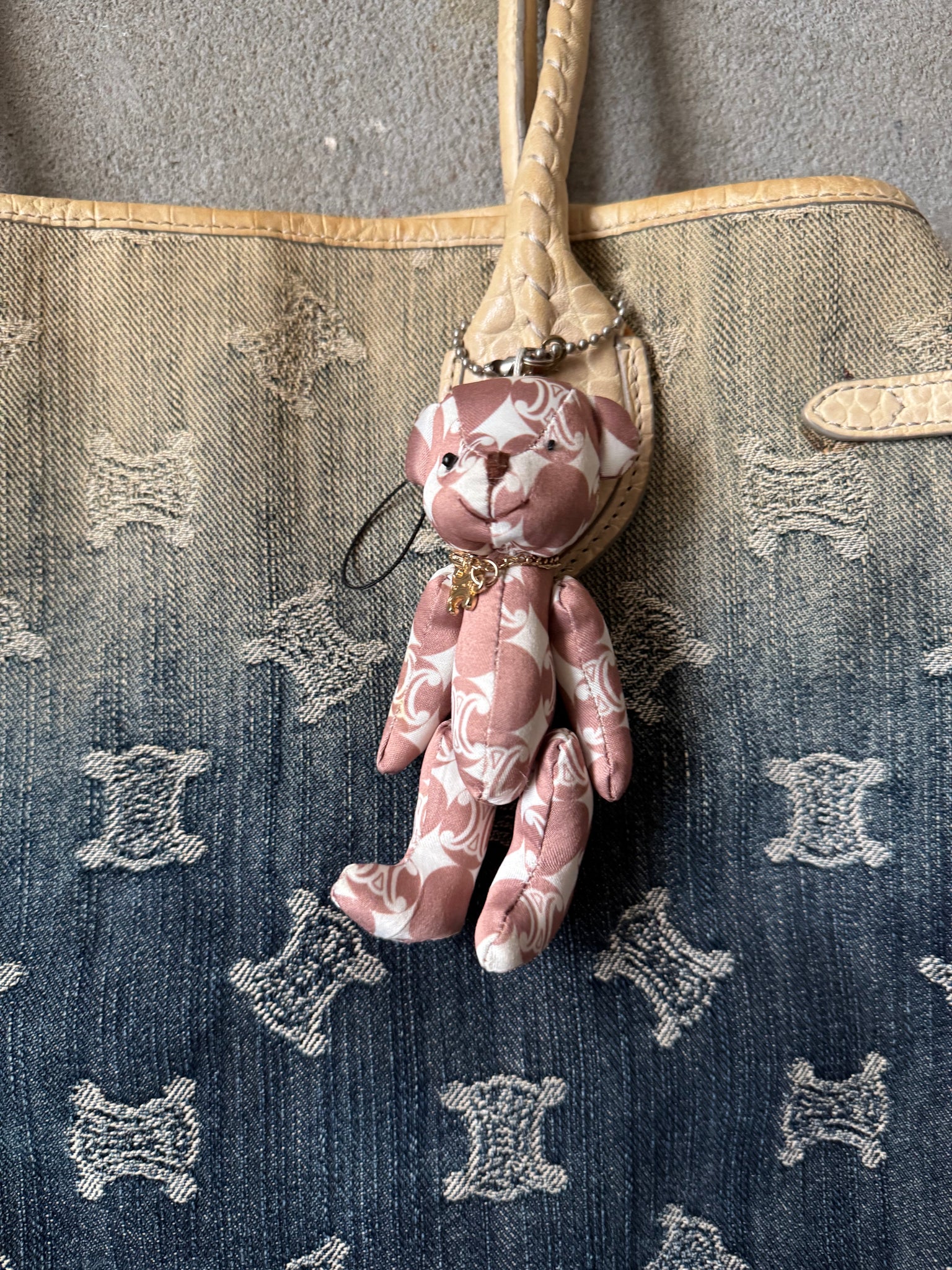 Celine Macadam Gradient Denim Shoulder Bag W Teddy Bear