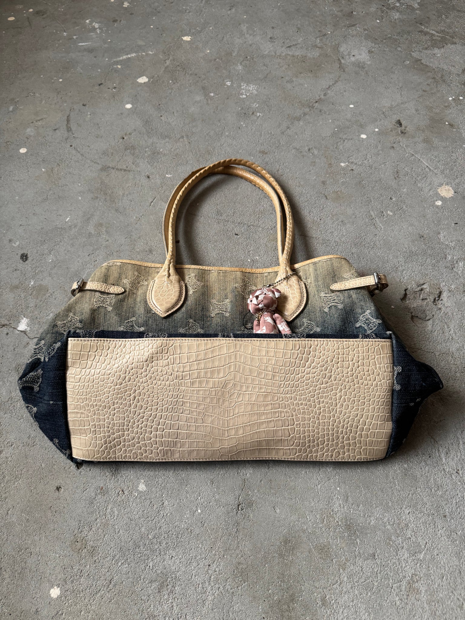 Celine Macadam Gradient Denim Shoulder Bag W Teddy Bear