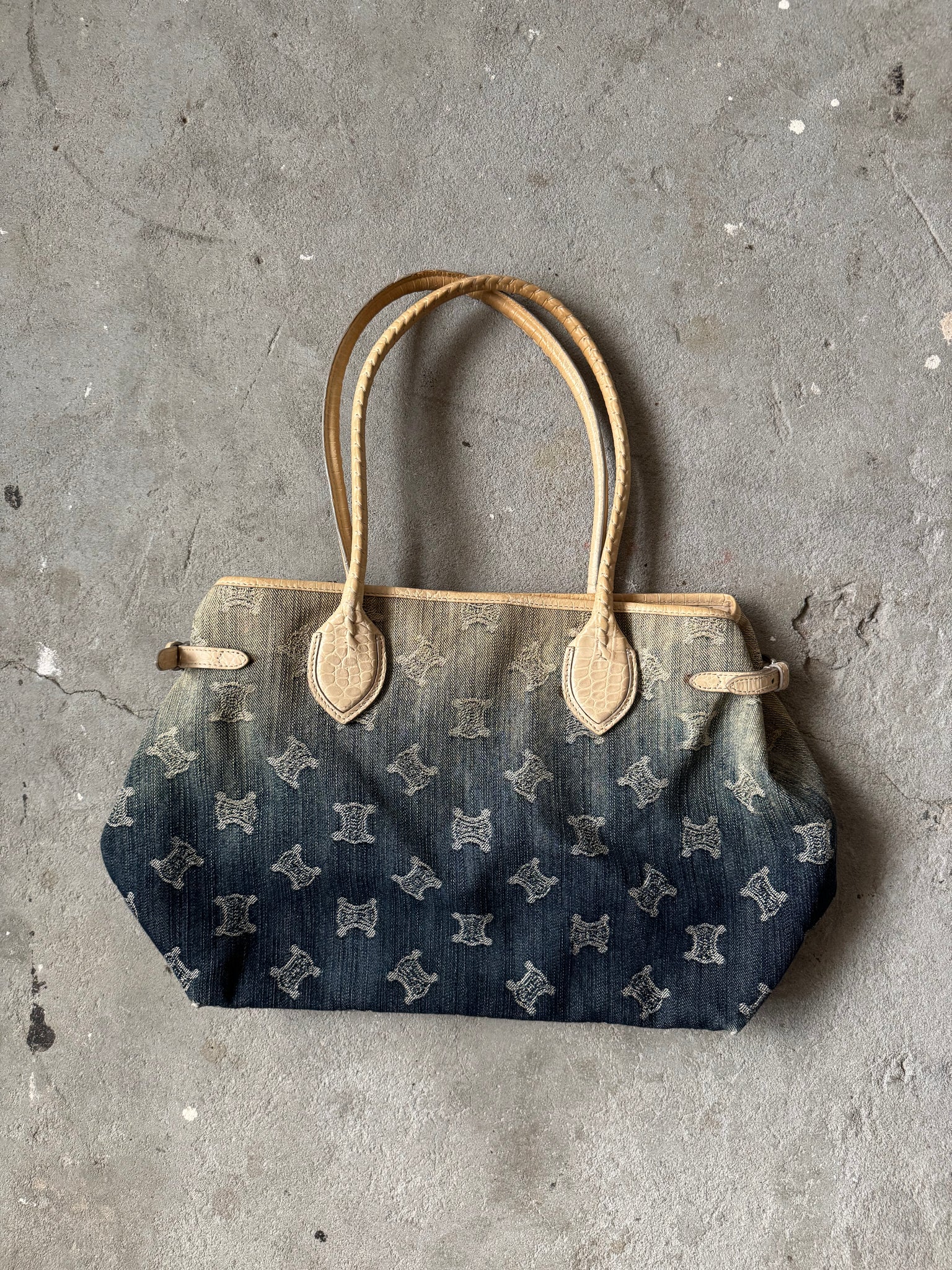 Celine Macadam Gradient Denim Shoulder Bag W Teddy Bear