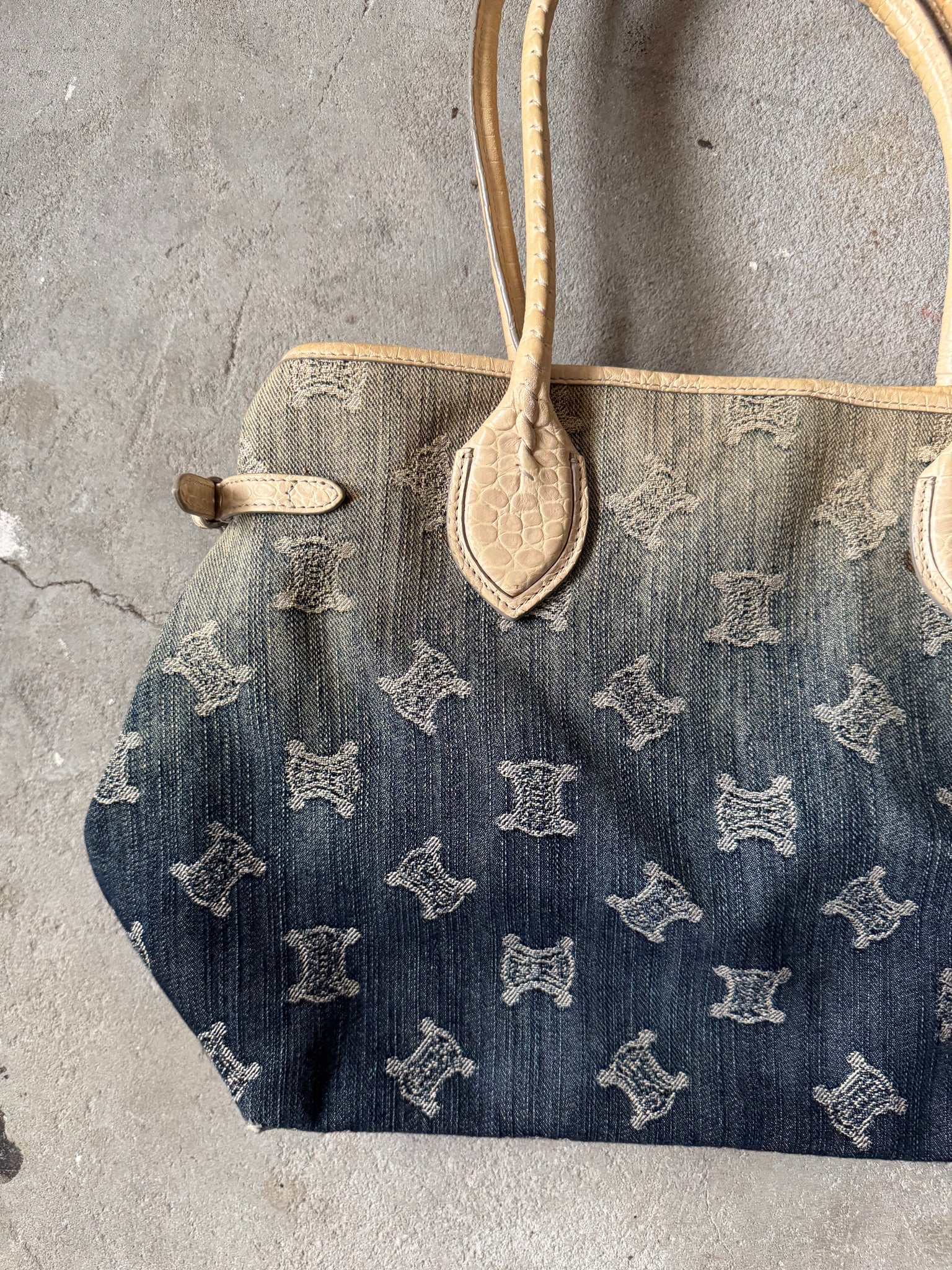 Celine Macadam Gradient Denim Shoulder Bag W Teddy Bear