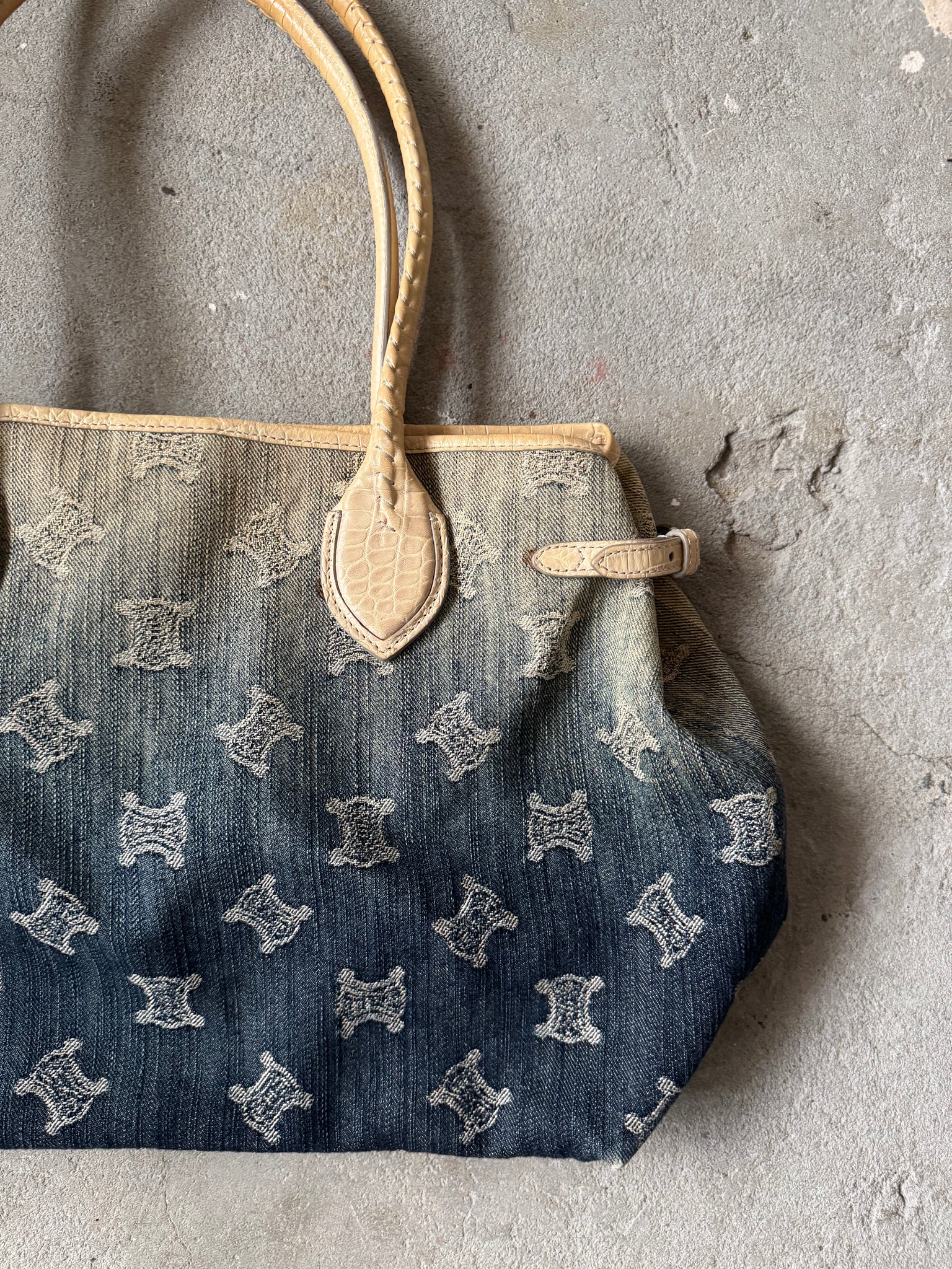 Celine Macadam Gradient Denim Shoulder Bag W Teddy Bear