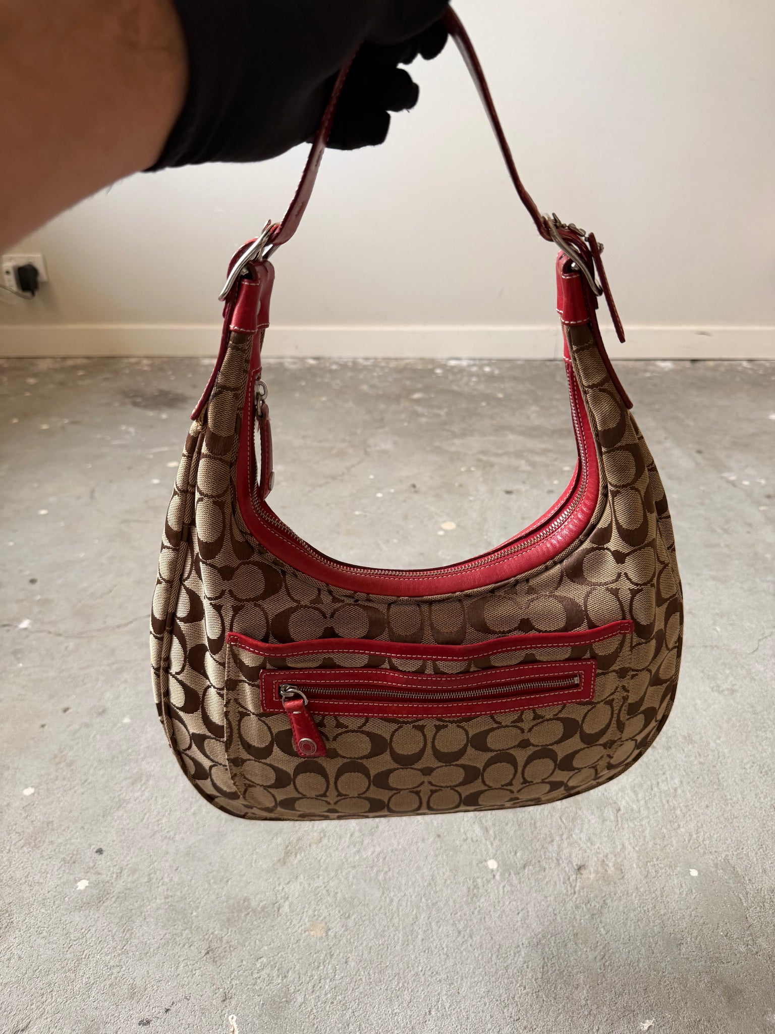 Coach Signature Hamilton Hobo Shoulder Bag Beige/Red