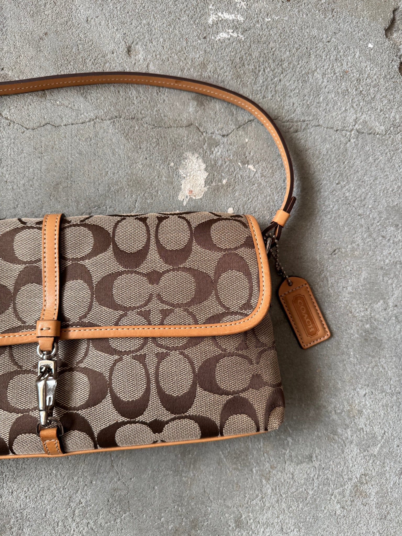 Coach Signature Demi Clip Baguette Shoulder Bag Beige