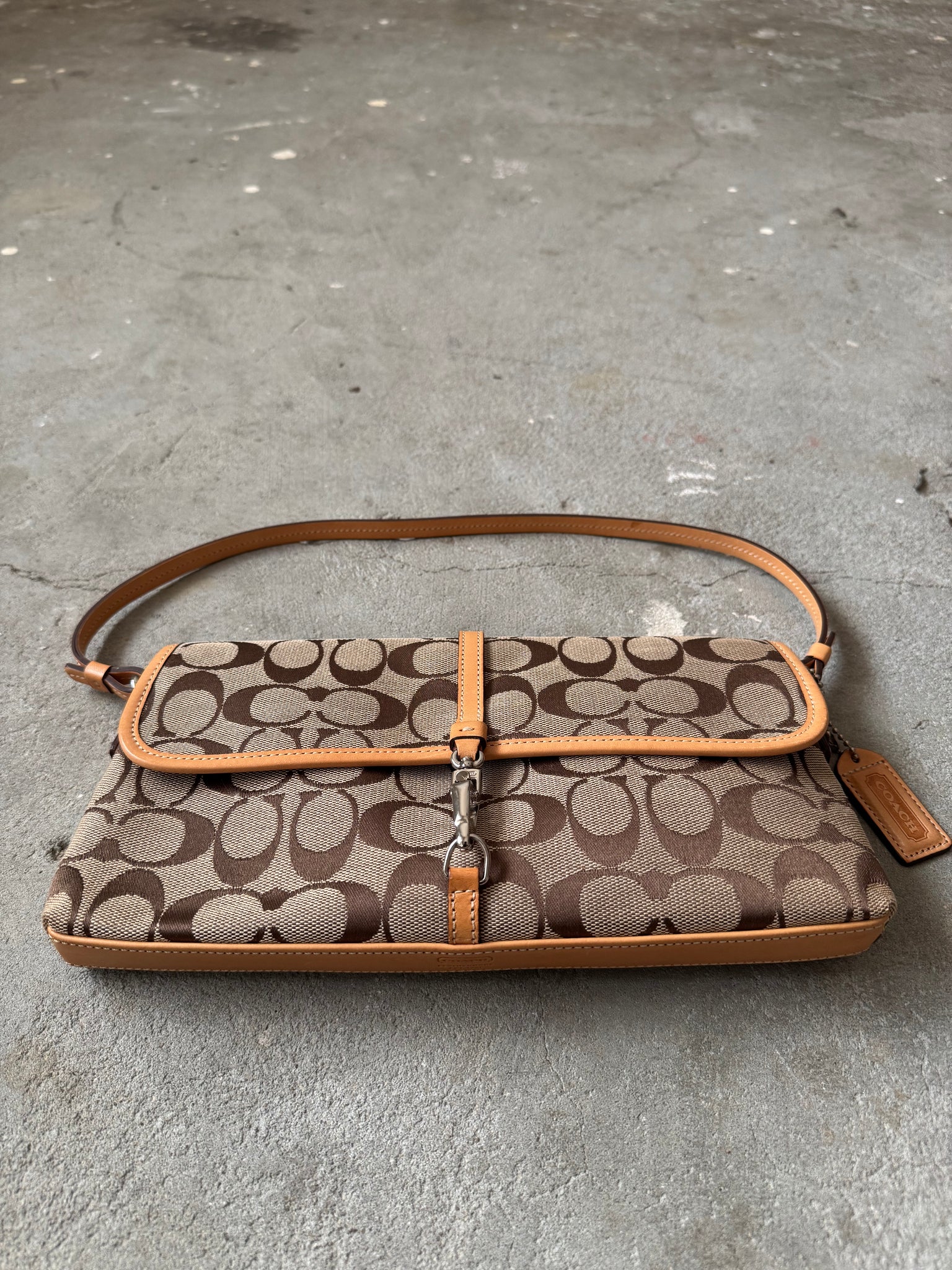 Coach Signature Demi Clip Baguette Shoulder Bag Beige