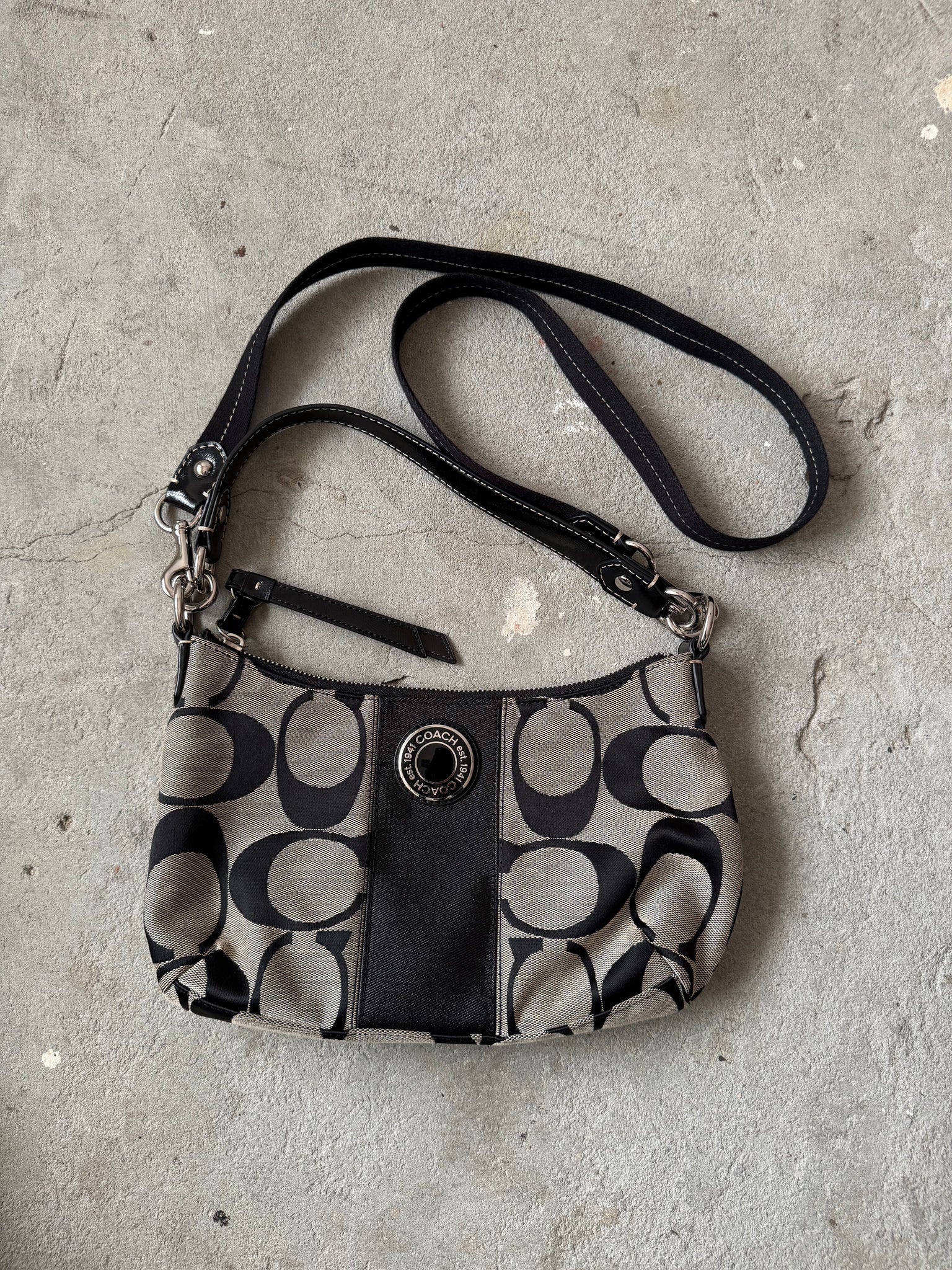 Coach 2Way Signature Strip Shoulder Bag Grey/Black