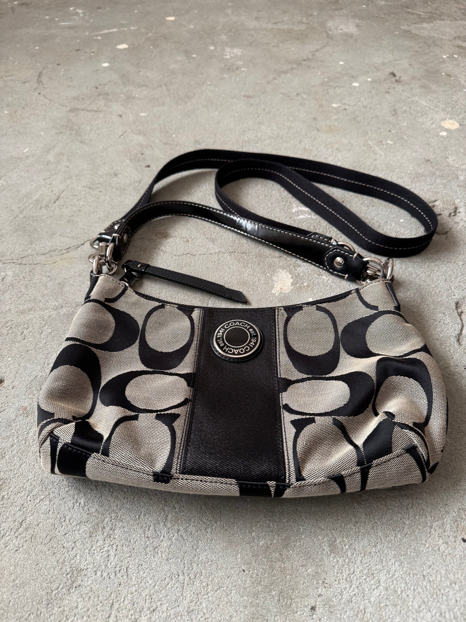 Coach 2Way Signature Strip Shoulder Bag Grey/Black