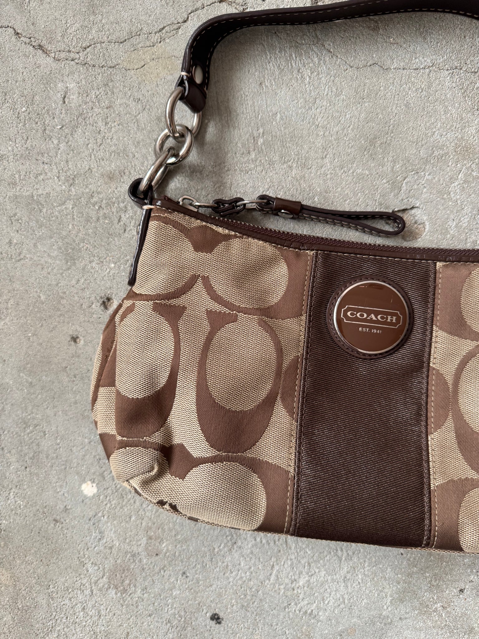Coach 2Way Signature Stripe Shoulder Bag Beige/Brown