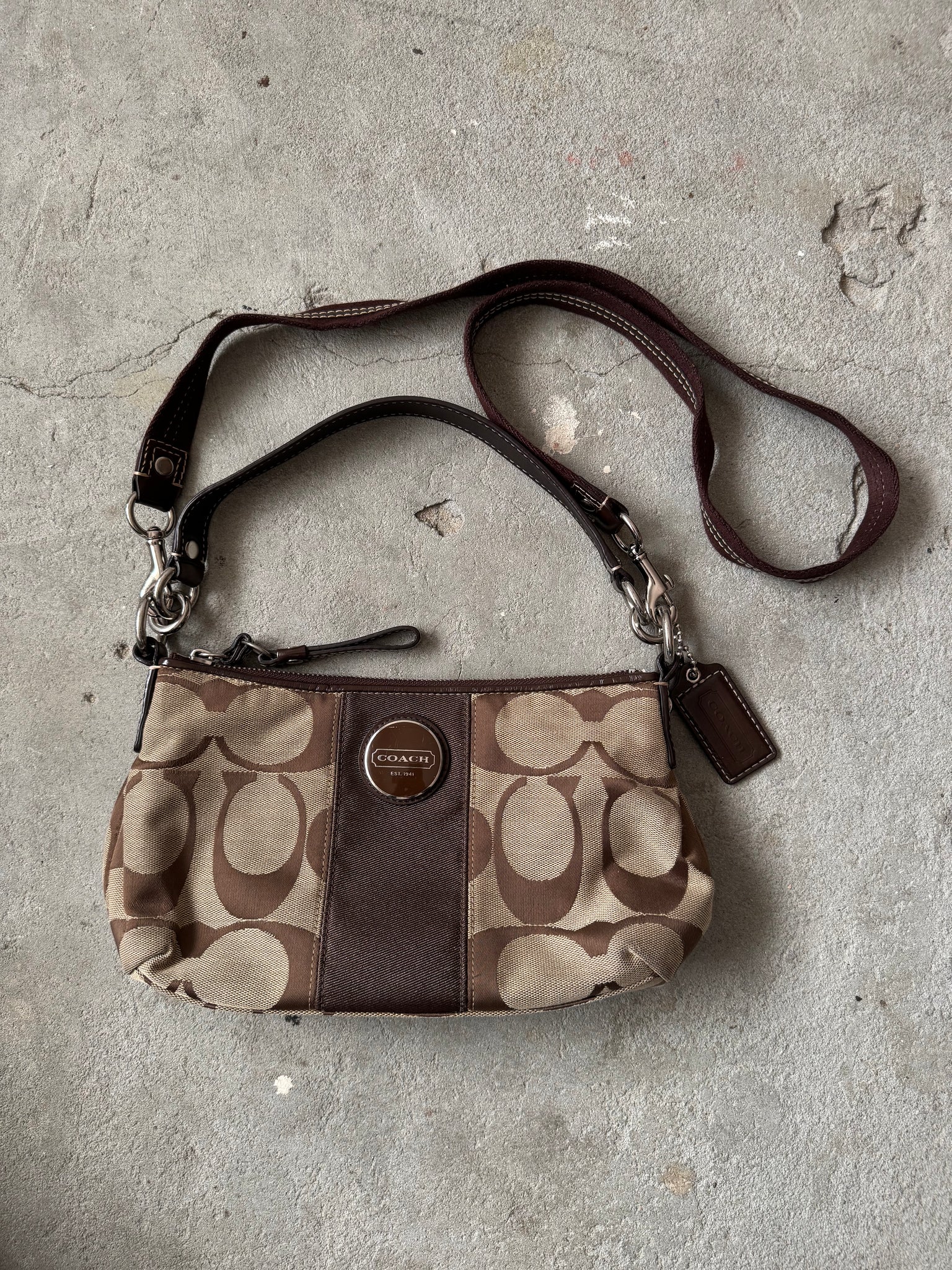 Coach 2Way Signature Stripe Shoulder Bag Beige/Brown