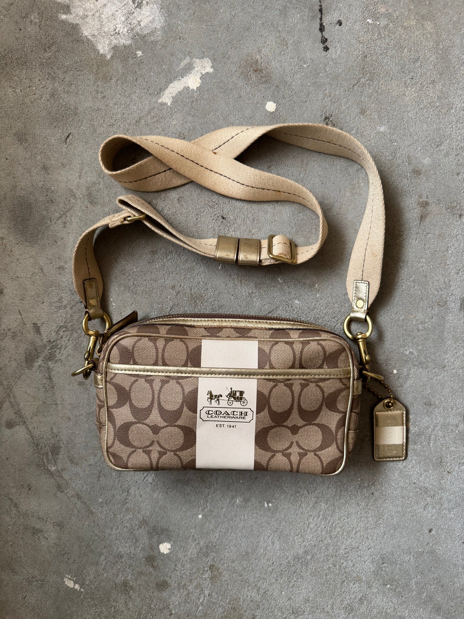 Coach Signature Stripe Jaime Crossbody Bag Beige/White