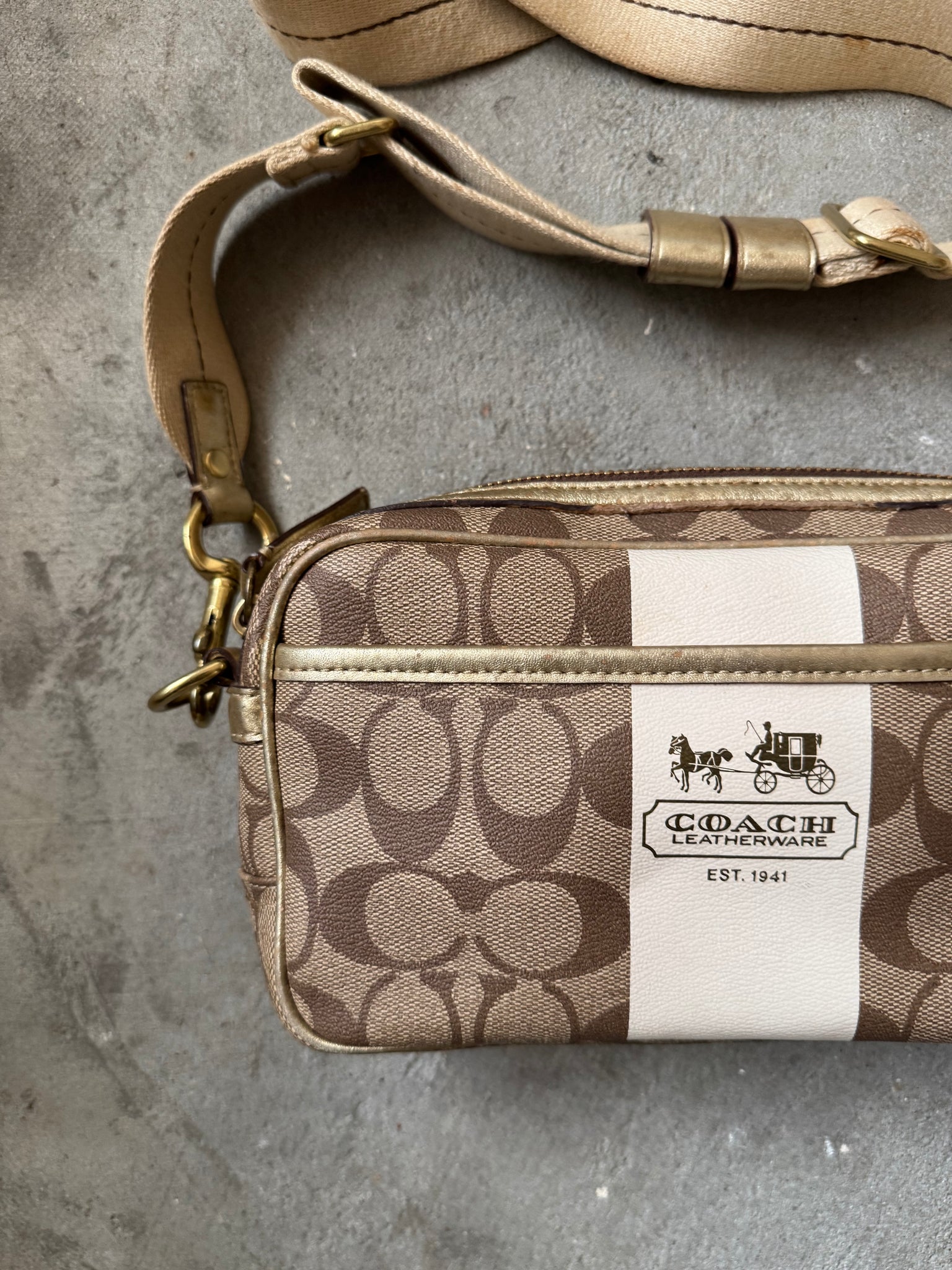 Coach Signature Stripe Jaime Crossbody Bag Beige/White
