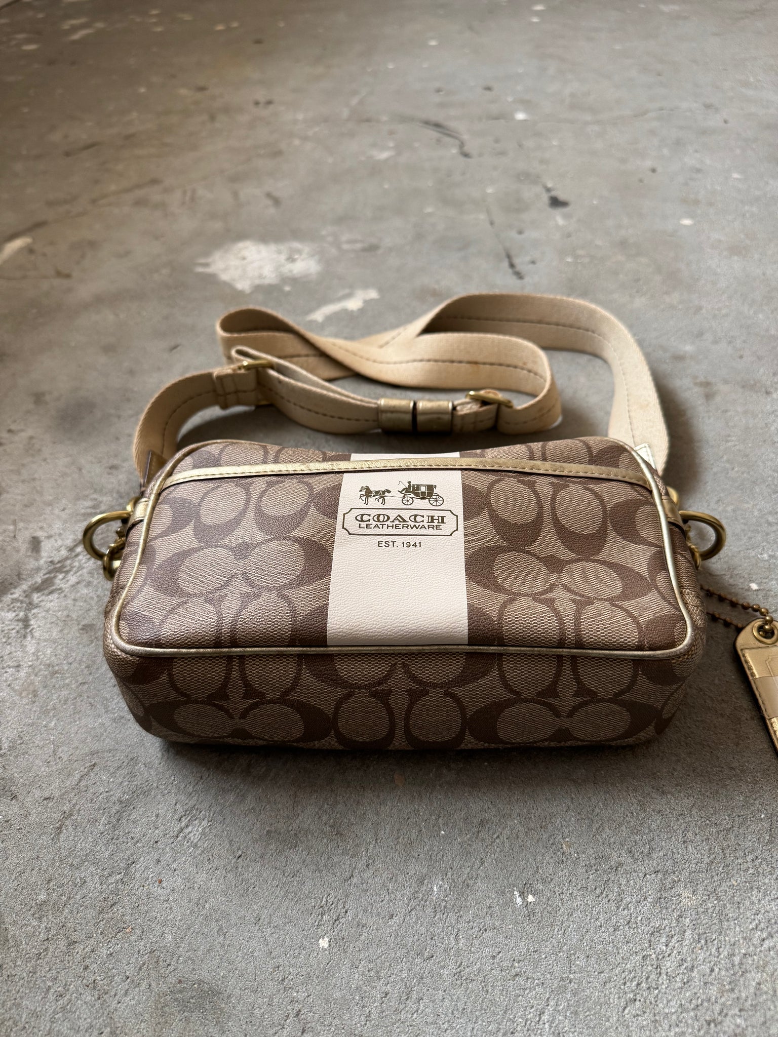 Coach Signature Stripe Jaime Crossbody Bag Beige/White