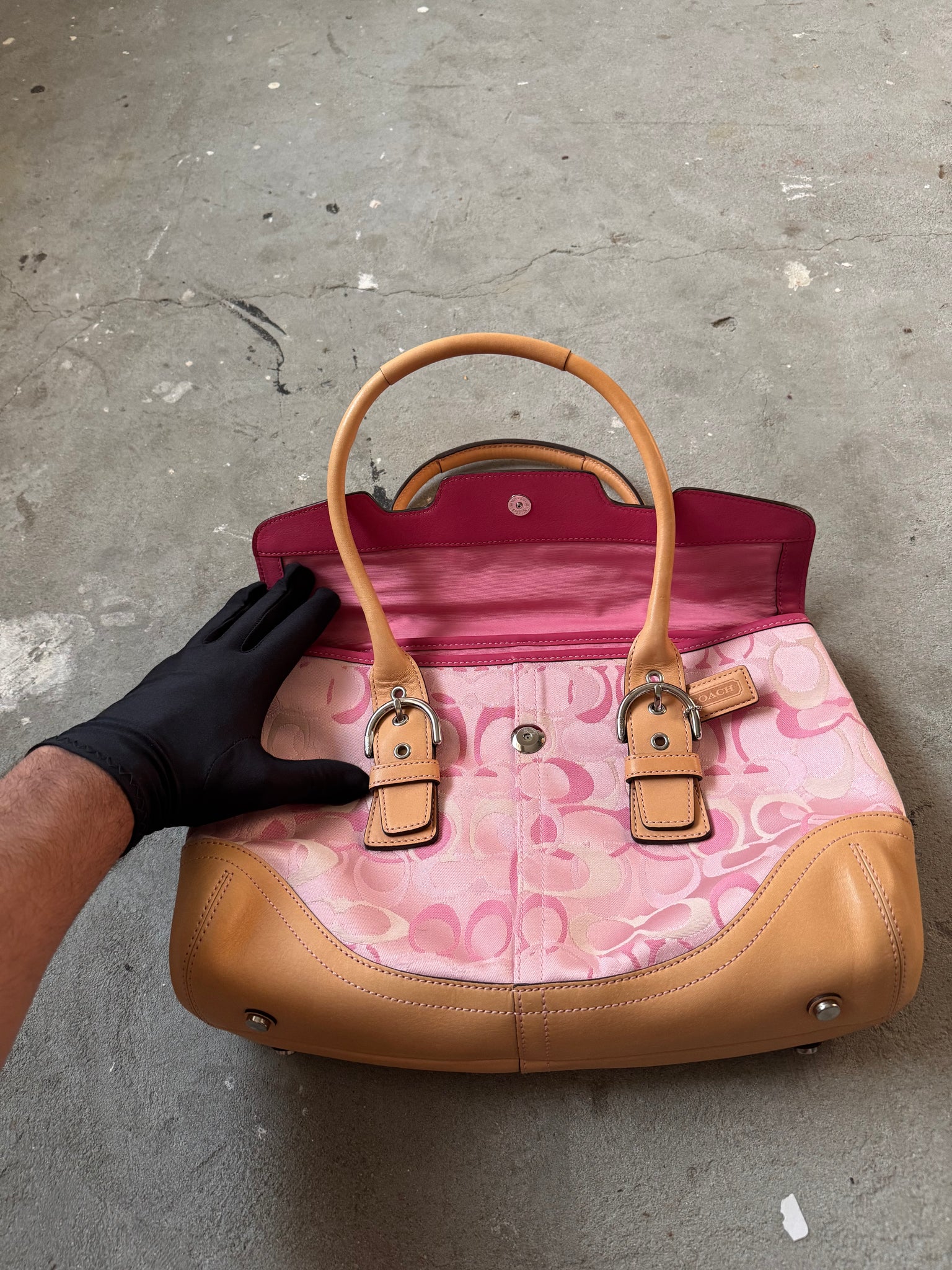 Coach Signature Satchel Shoulder Bag Beige/Pink