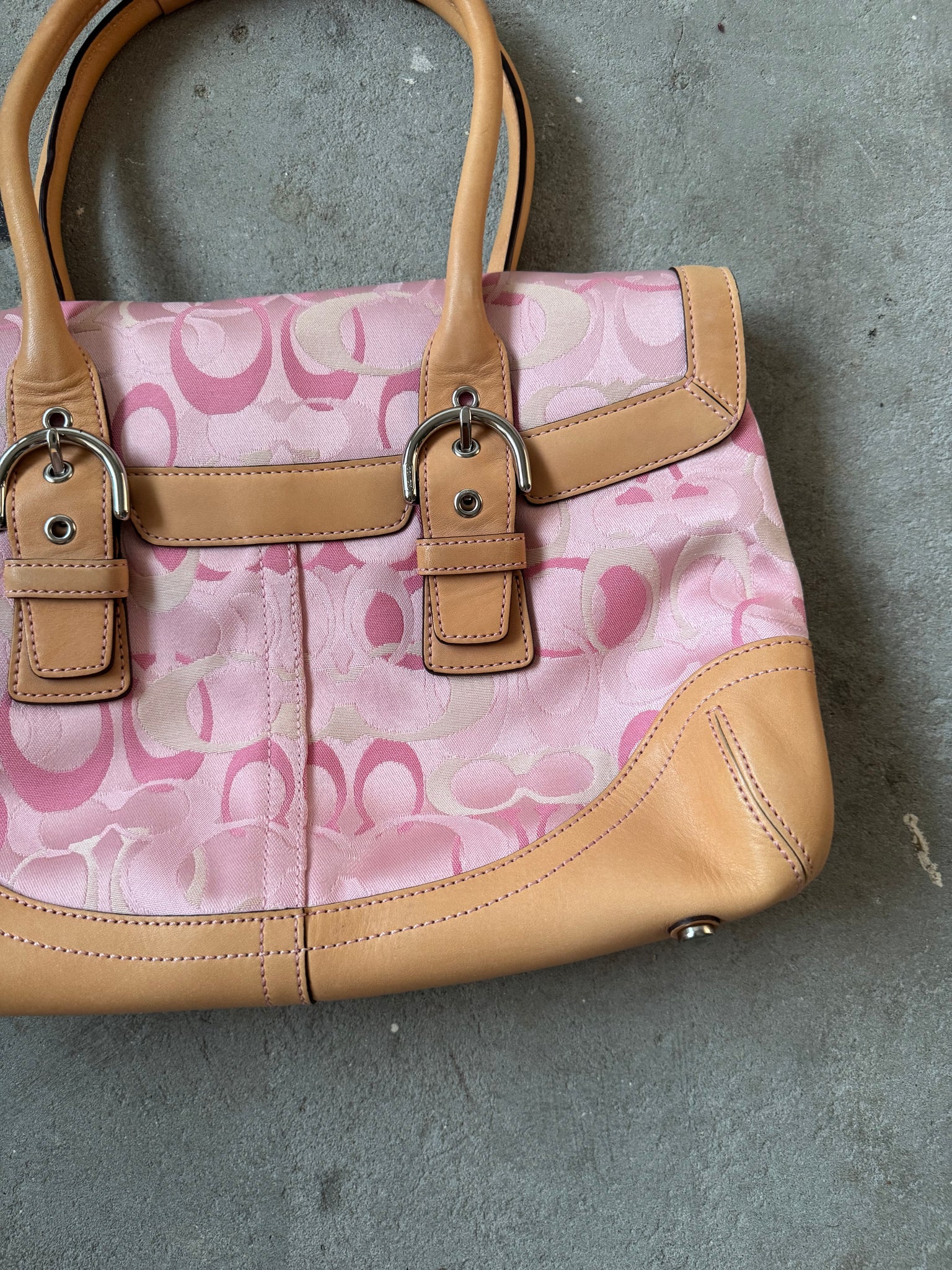 Coach Signature Satchel Shoulder Bag Beige/Pink