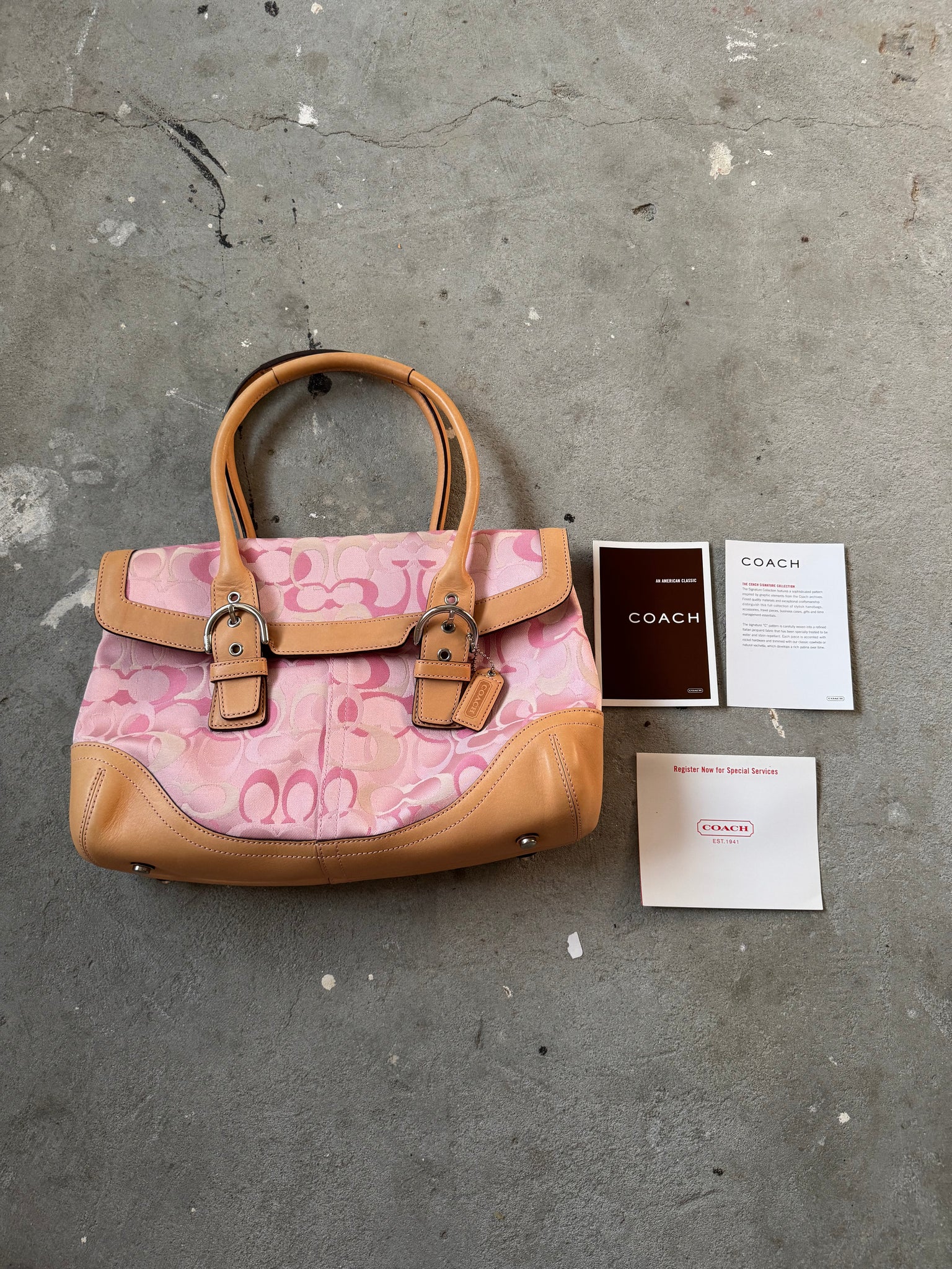 Coach Signature Satchel Shoulder Bag Beige/Pink