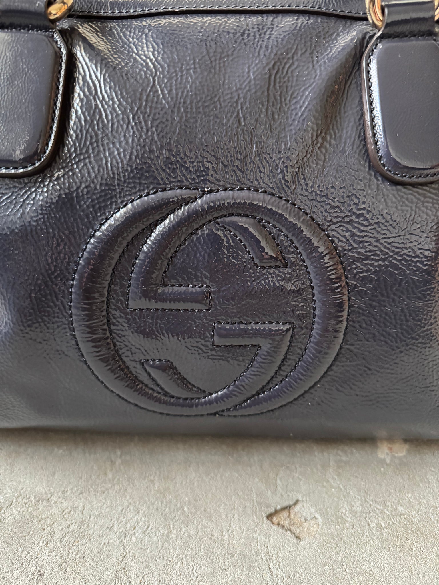 Gucci GG Soho Patent Shoulder Bag Navy Blue