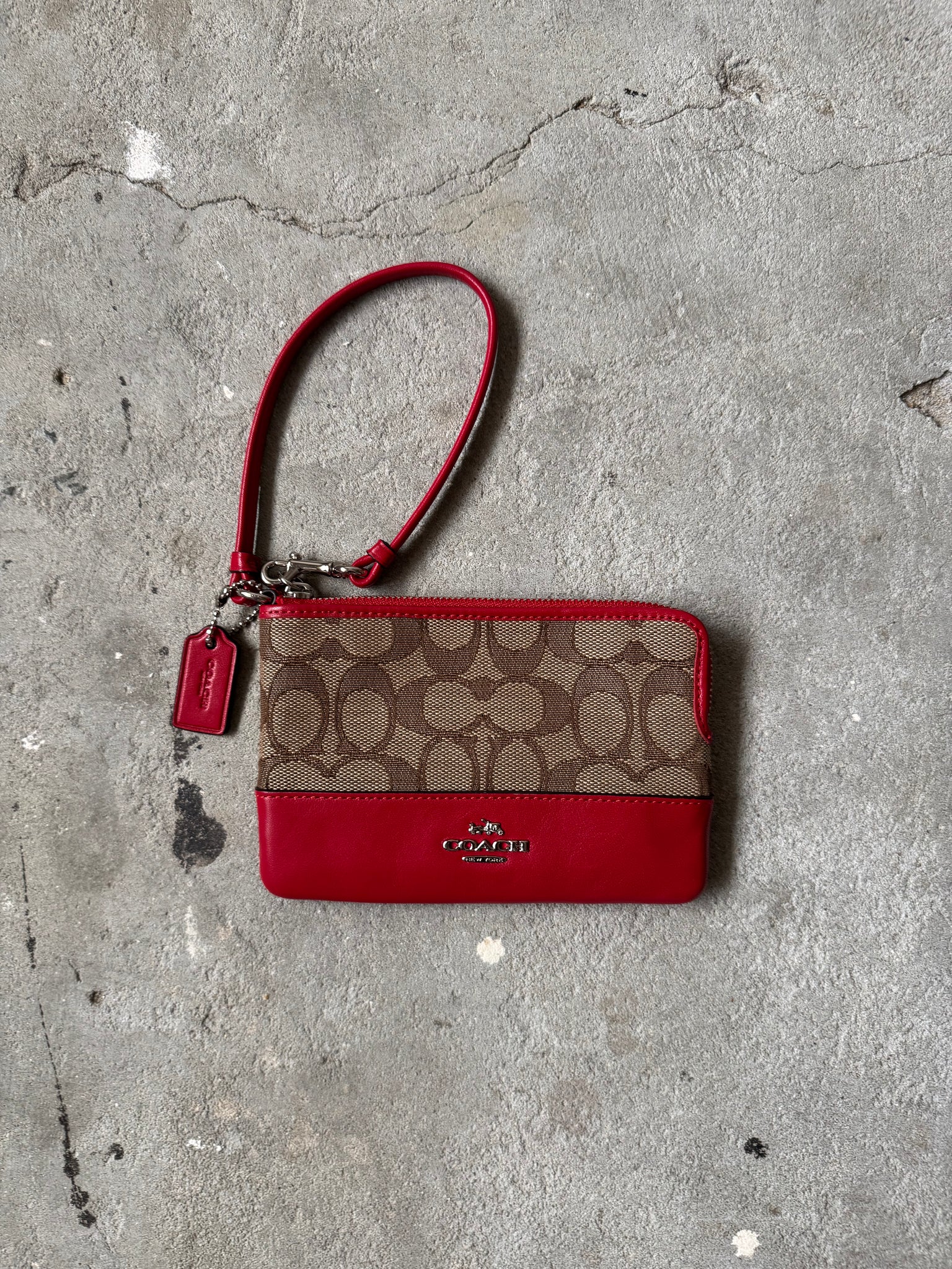 Coach Signature Stripe Wristlet Beige/Red