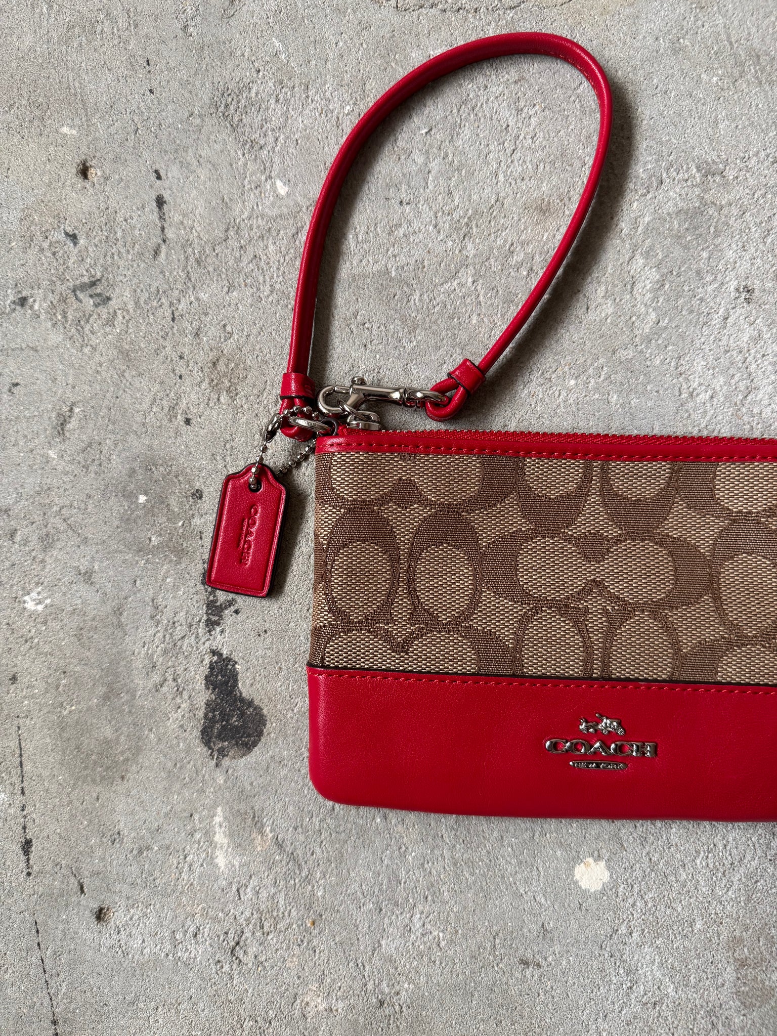 Coach Signature Stripe Wristlet Beige/Red