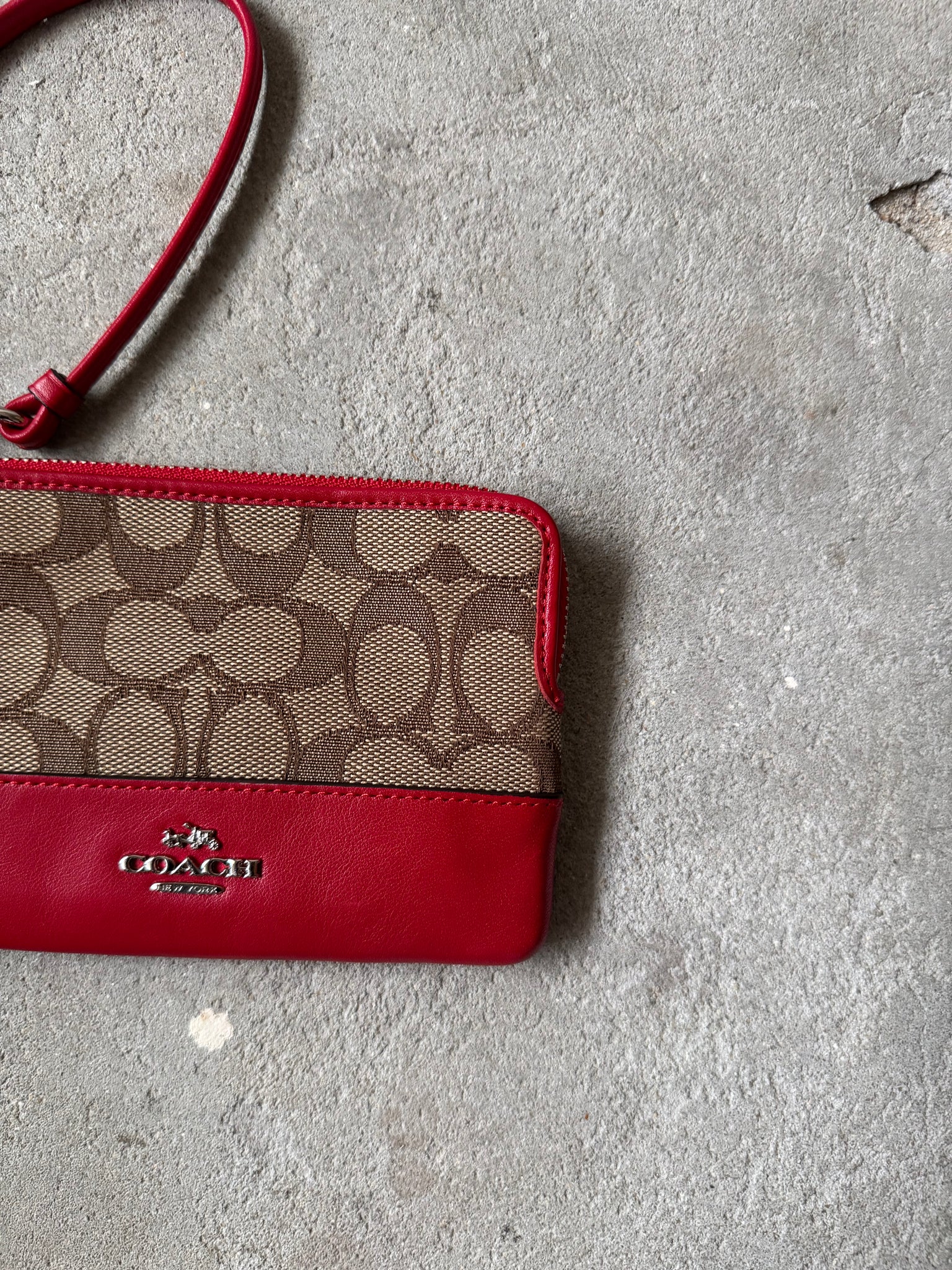Coach Signature Stripe Wristlet Beige/Red