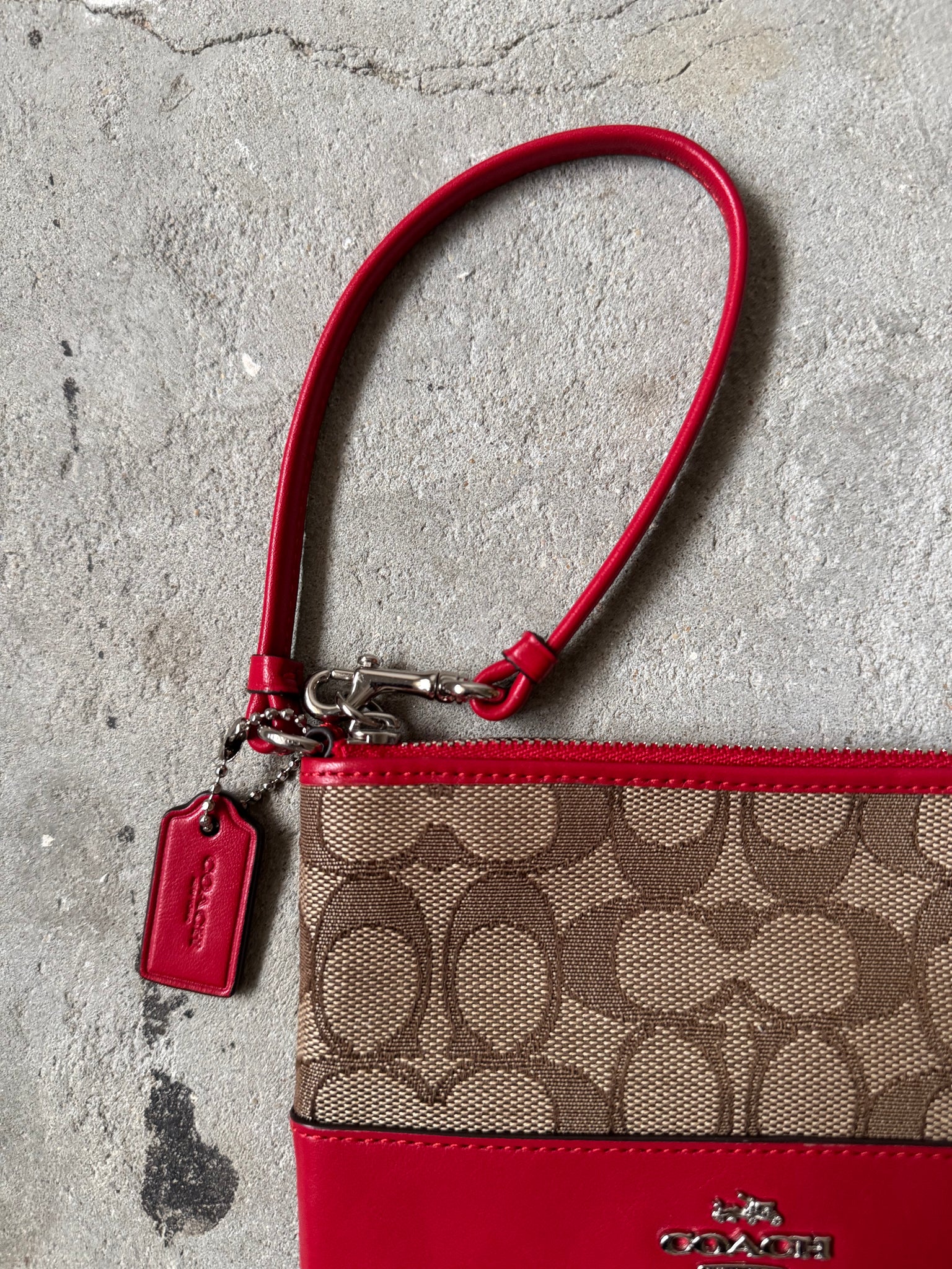 Coach Signature Stripe Wristlet Beige/Red