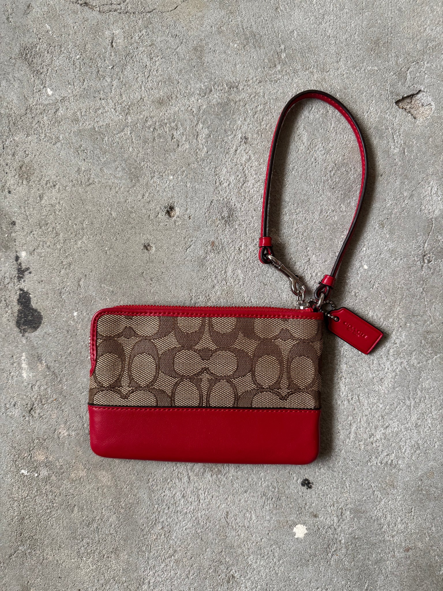 Coach Signature Stripe Wristlet Beige/Red