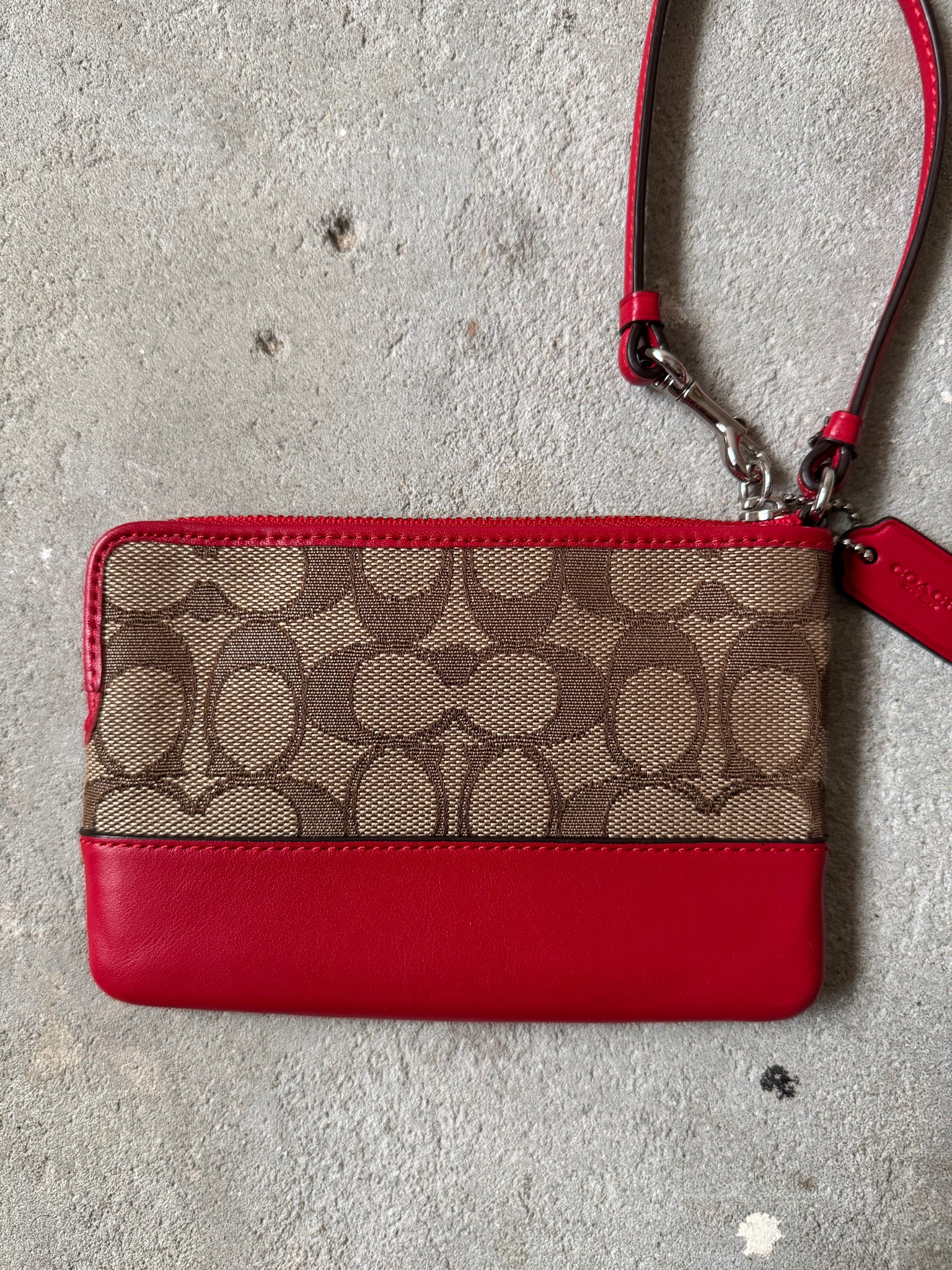 Coach Signature Stripe Wristlet Beige/Red