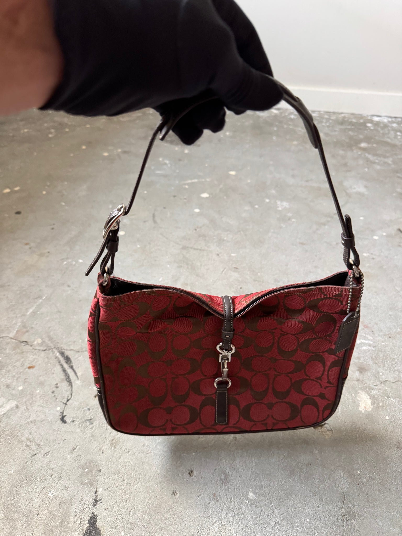 Coach Hobo Signature Clip Canvas Handbag 'Red/Brown'
