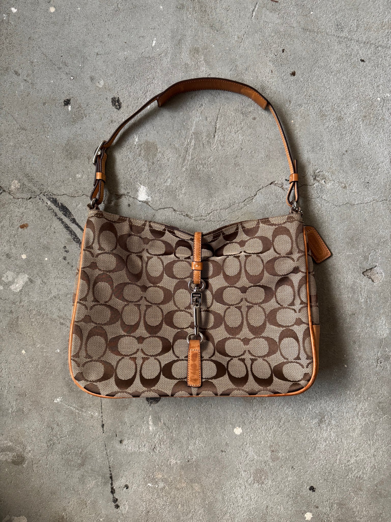Coach Hobo Signature Clip Canvas Hand Bag Beige
