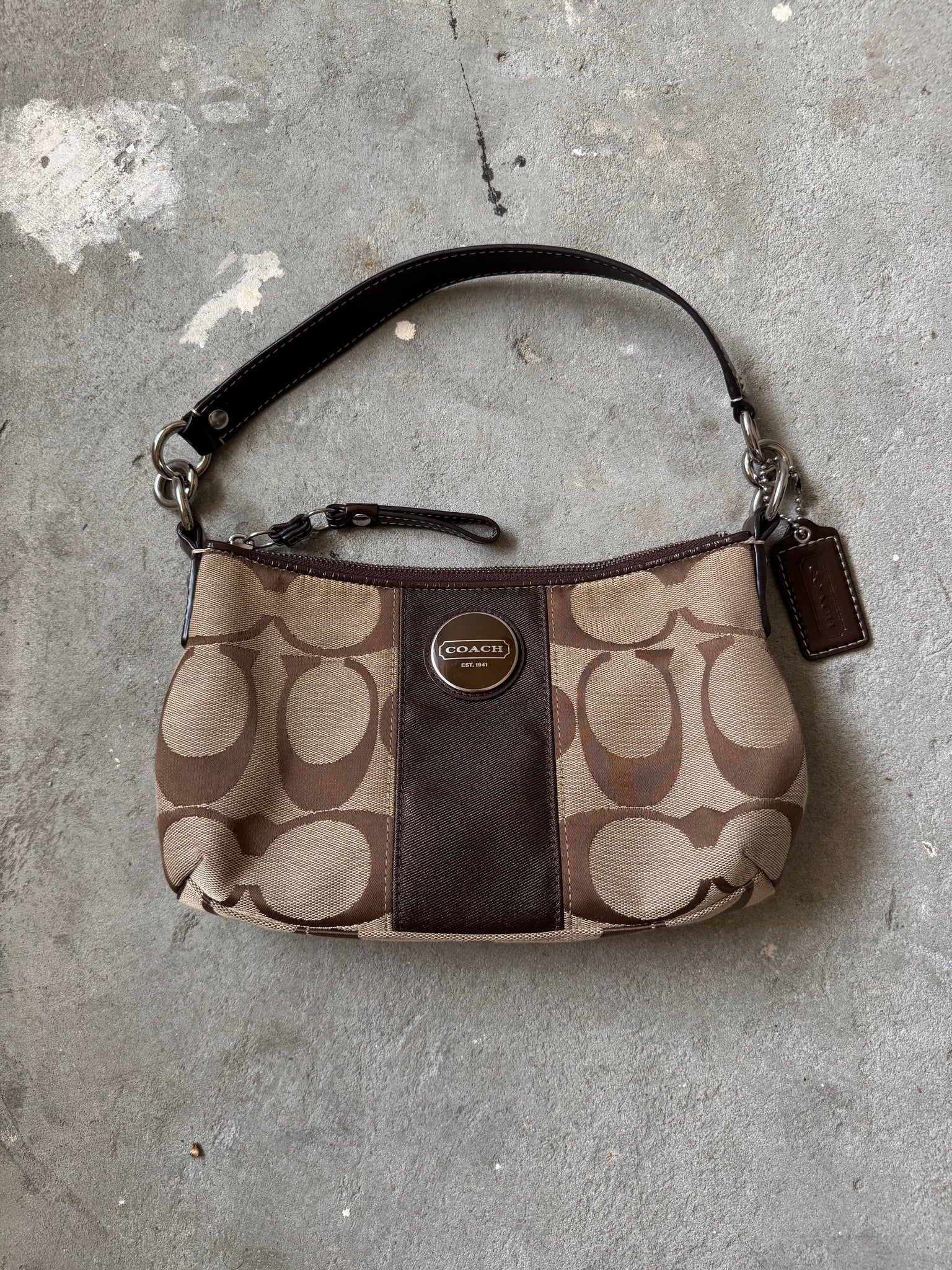 Coach 2Way Signature Strip Shoulder Bag Beige/Brown