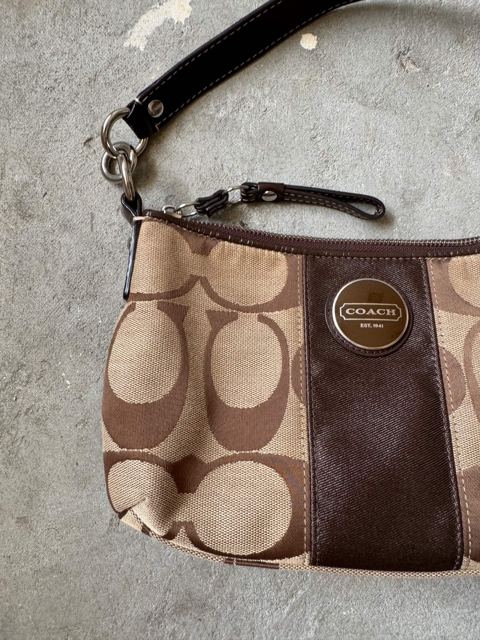 Coach 2Way Signature Strip Shoulder Bag Beige/Brown
