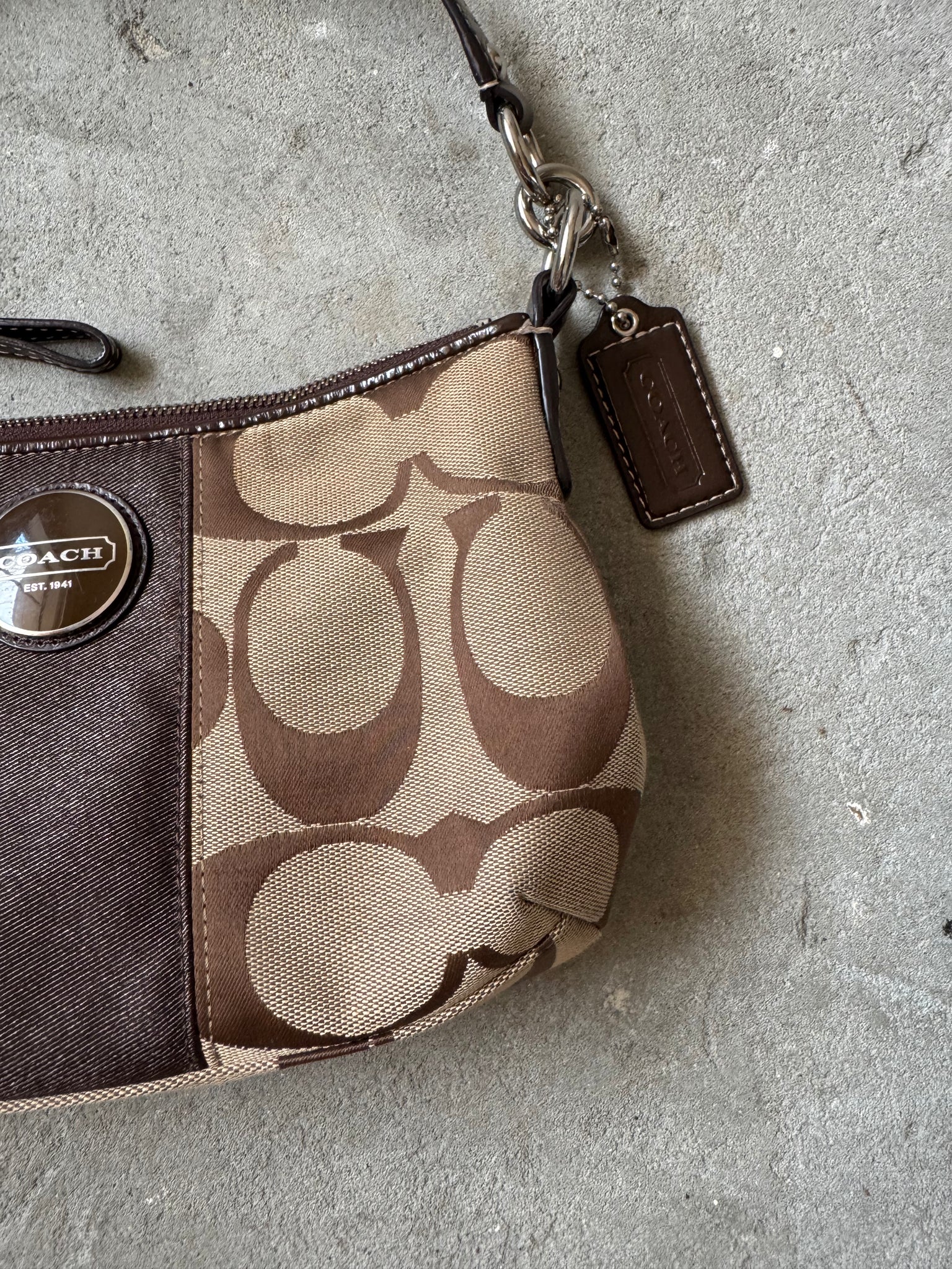 Coach 2Way Signature Strip Shoulder Bag Beige/Brown