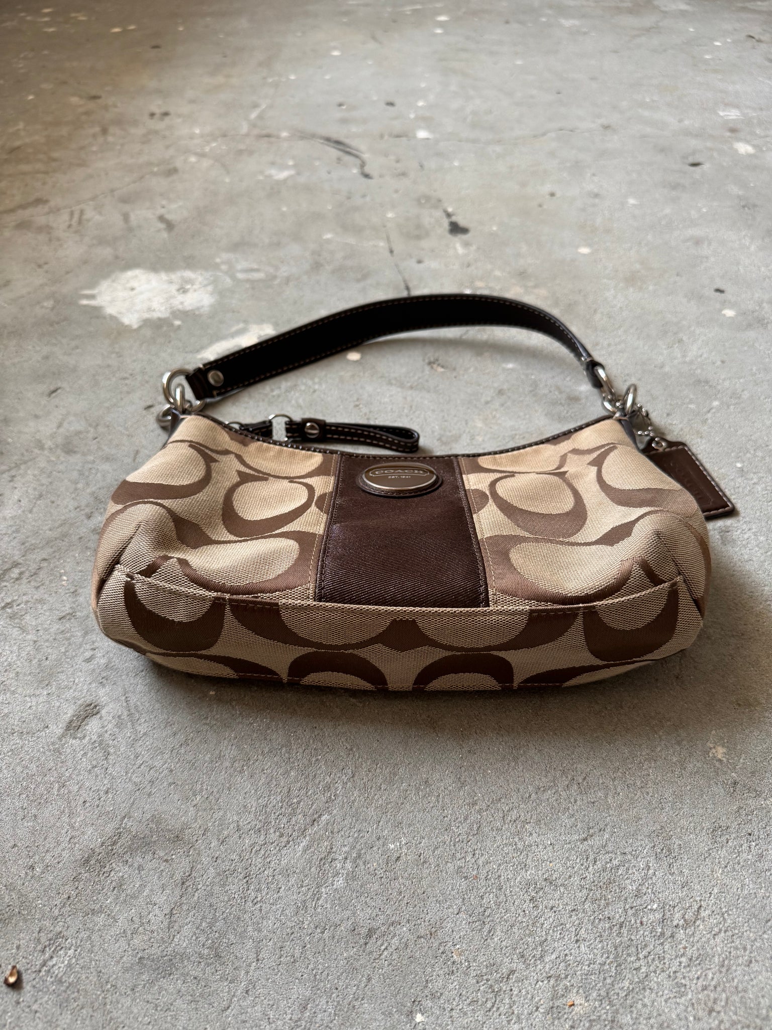 Coach 2Way Signature Strip Shoulder Bag Beige/Brown