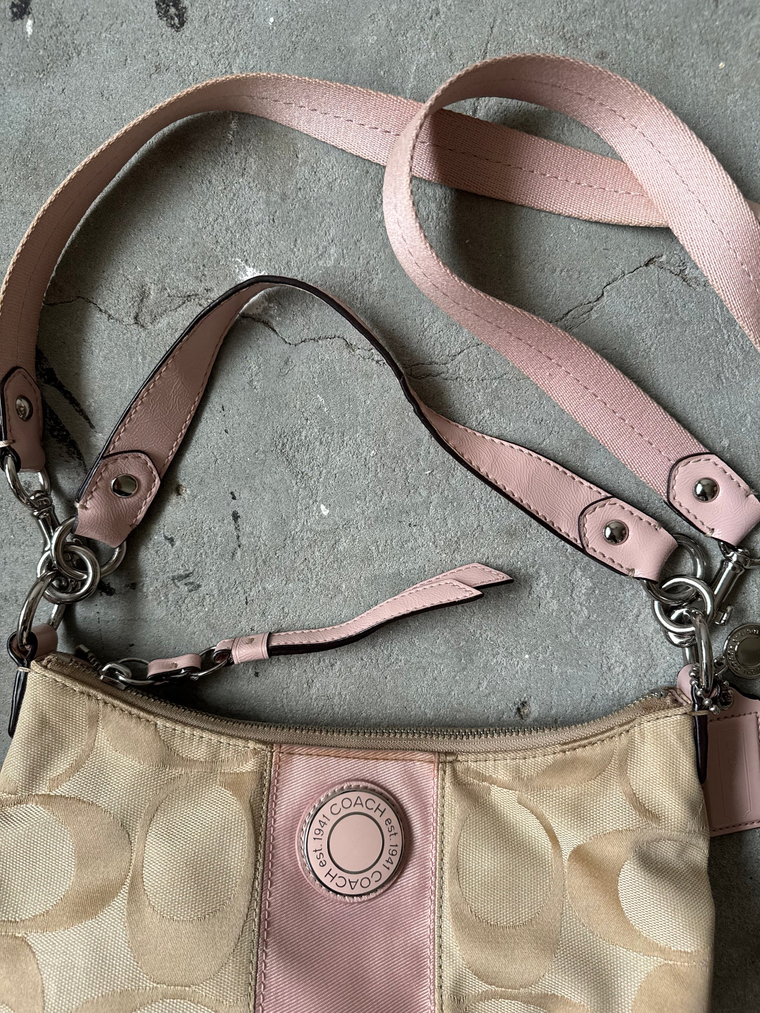 Coach 2Way Signature Stripe ShoulderBag Beige/Pink
