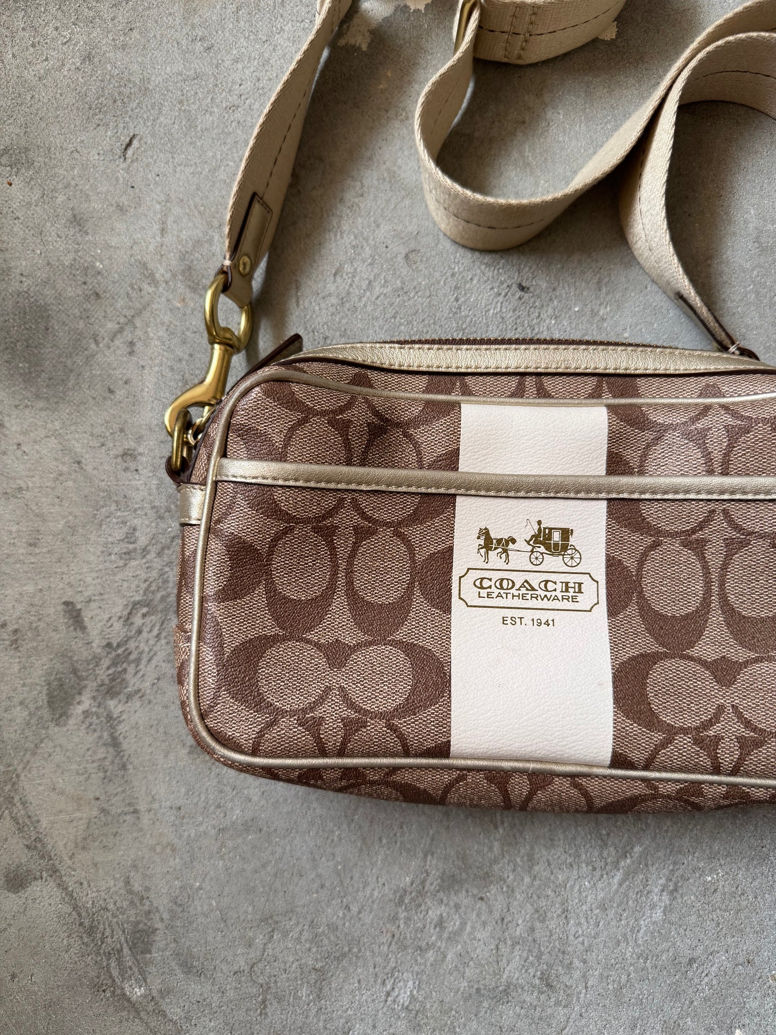 Coach Signature Stripe Jaime Crossbody Bag Beige/White
