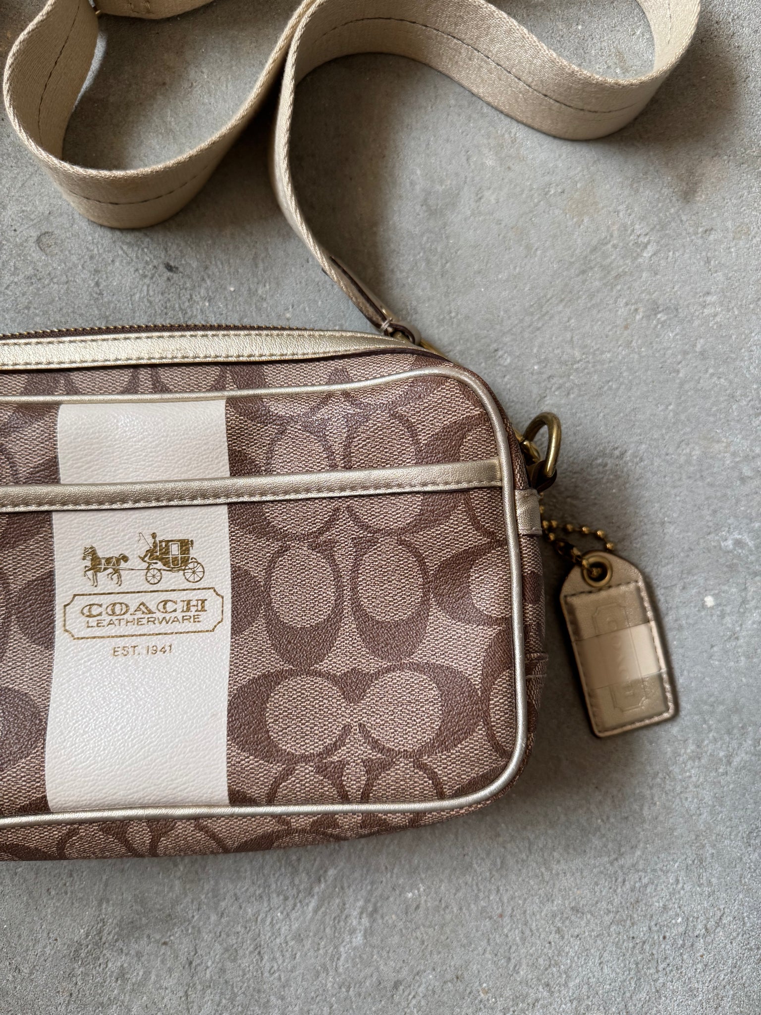Coach Signature Stripe Jaime Crossbody Bag Beige/White