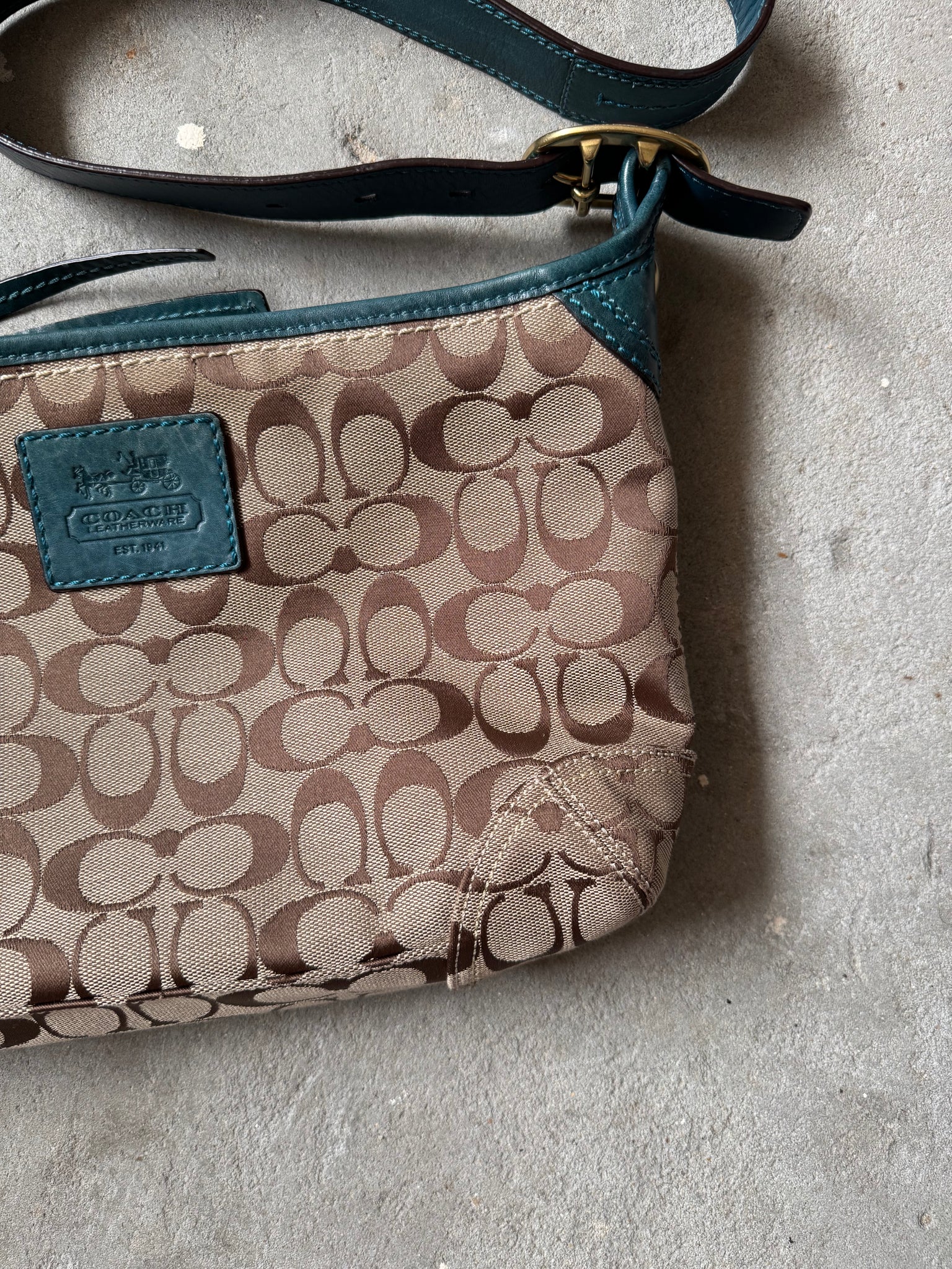 Coach 2Way Signature Shoulder Bag Beige/Turquoize