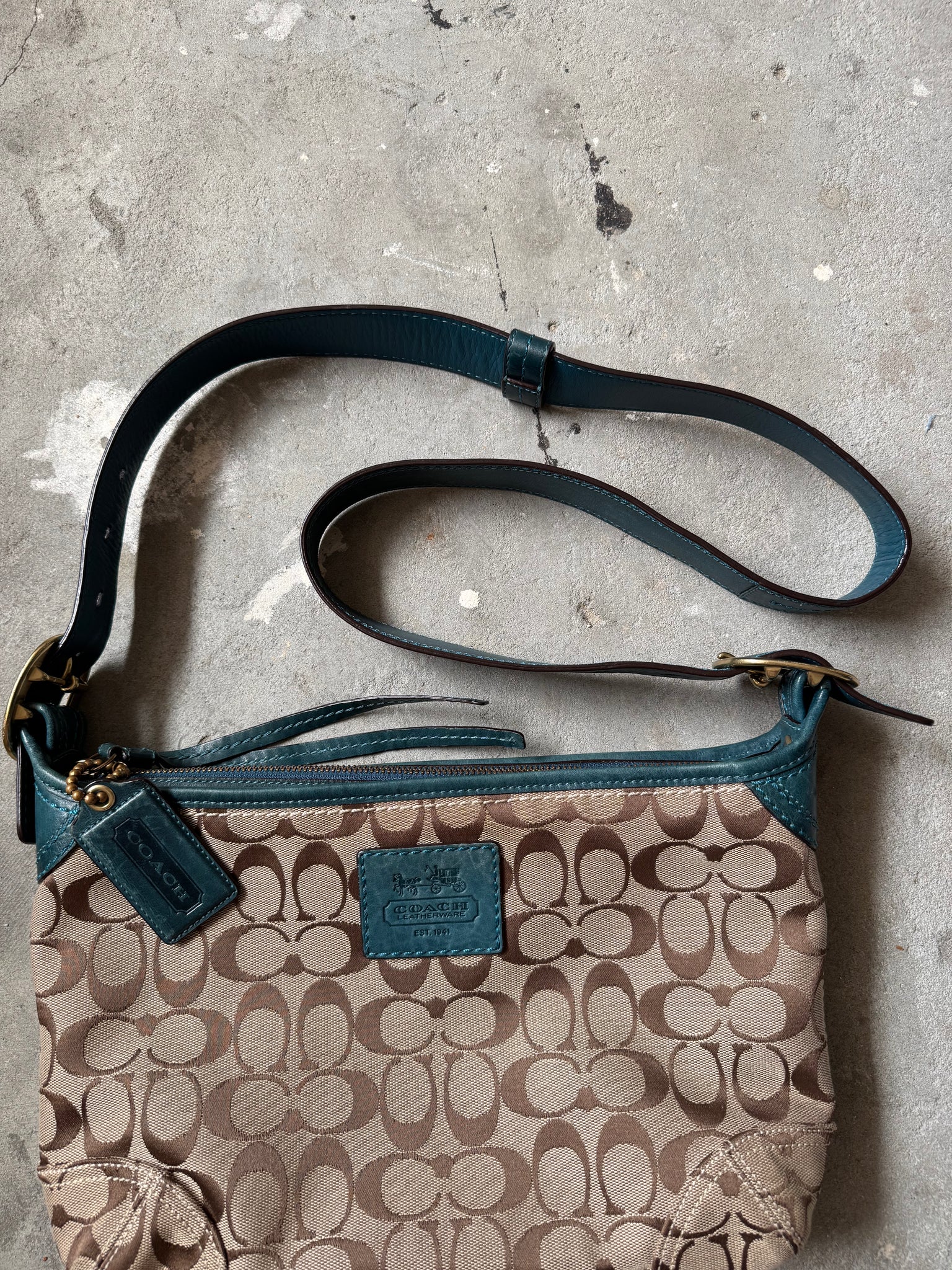 Coach 2Way Signature Shoulder Bag Beige/Turquoize